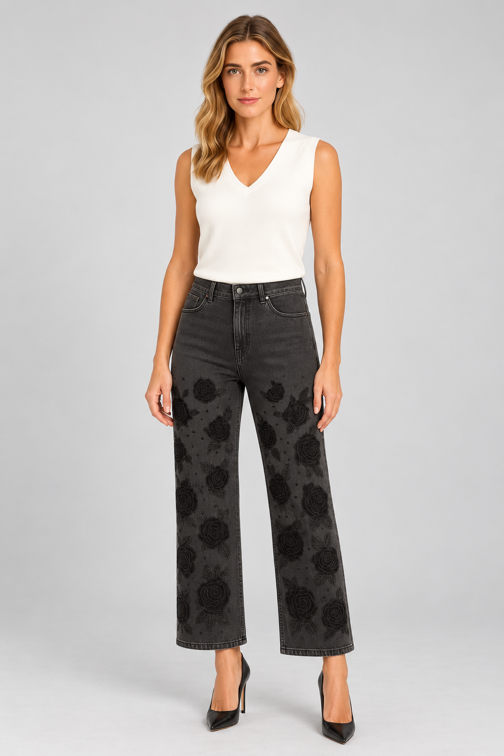 Orly Wide Leg Jean With Floral Details - Style 262302