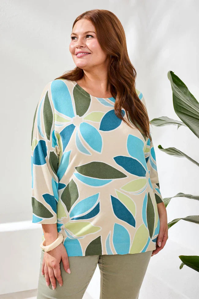 Printed Three-Quarter Sleeve Crew Neck Sweater