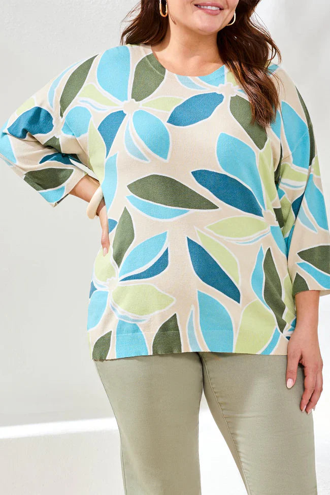 Printed Three-Quarter Sleeve Crew Neck Sweater