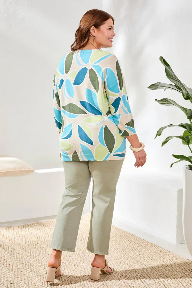 Printed Three-Quarter Sleeve Crew Neck Sweater