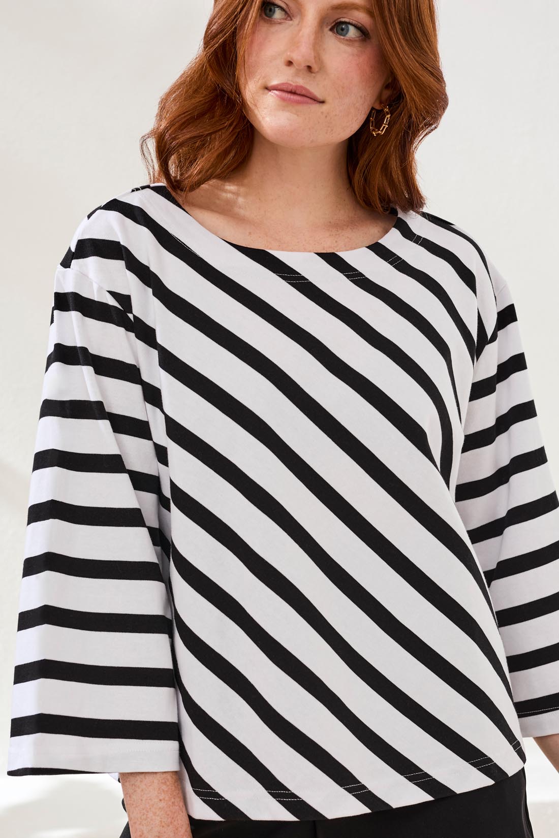 Cotton Striped Boat Neck Bell‑Sleeve Top