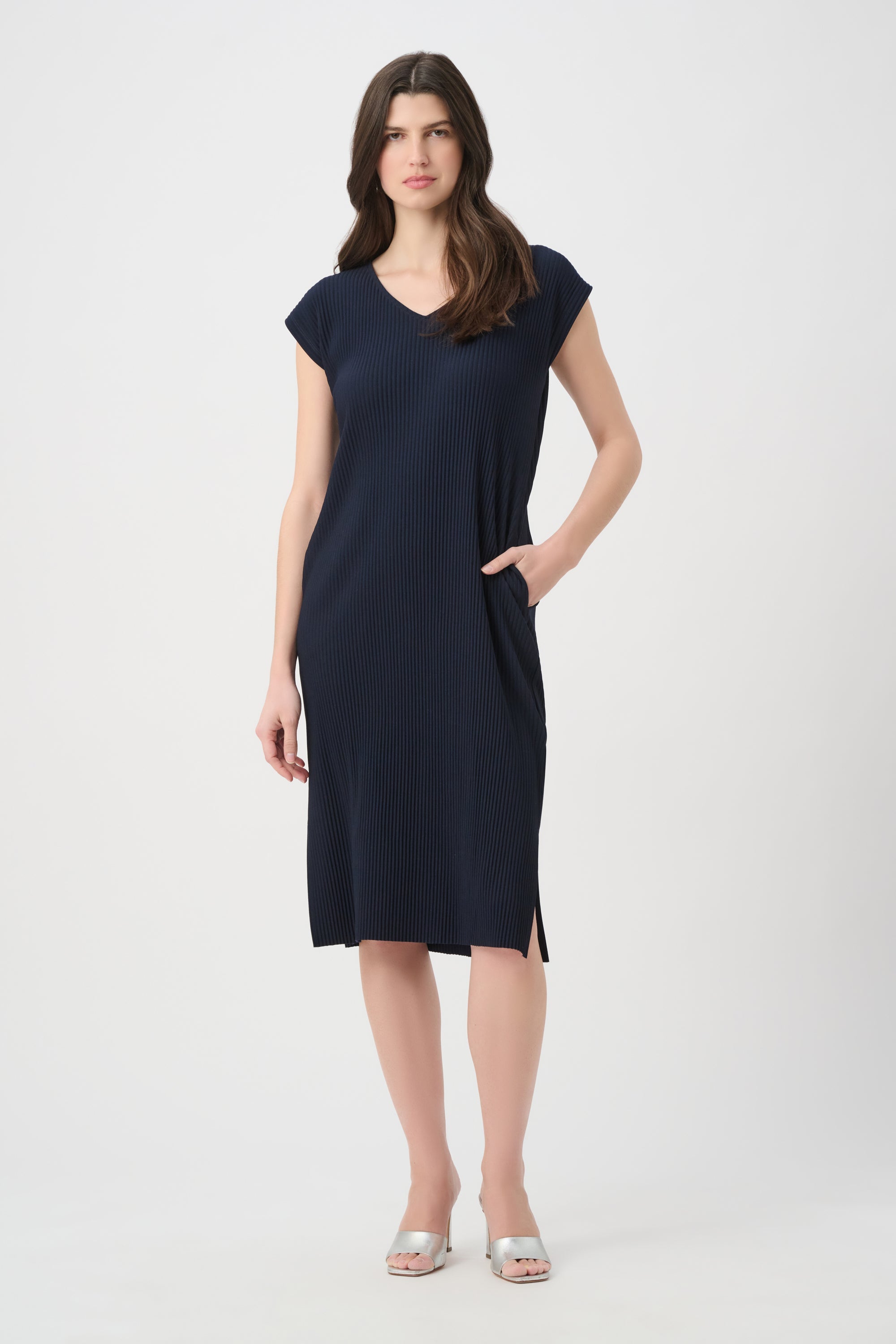 Pleated Scuba V-Neck Dress