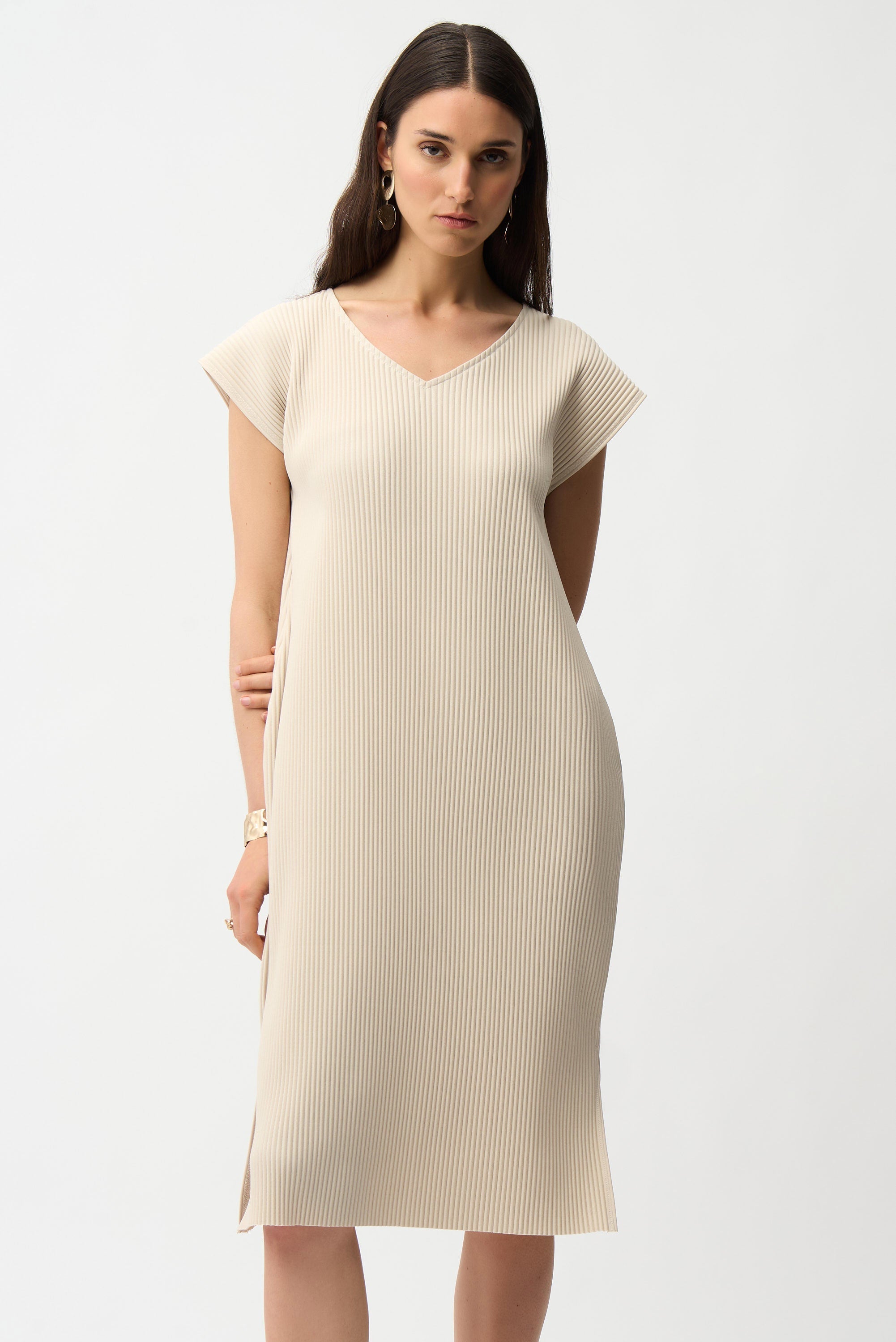 Pleated Scuba V-Neck Dress