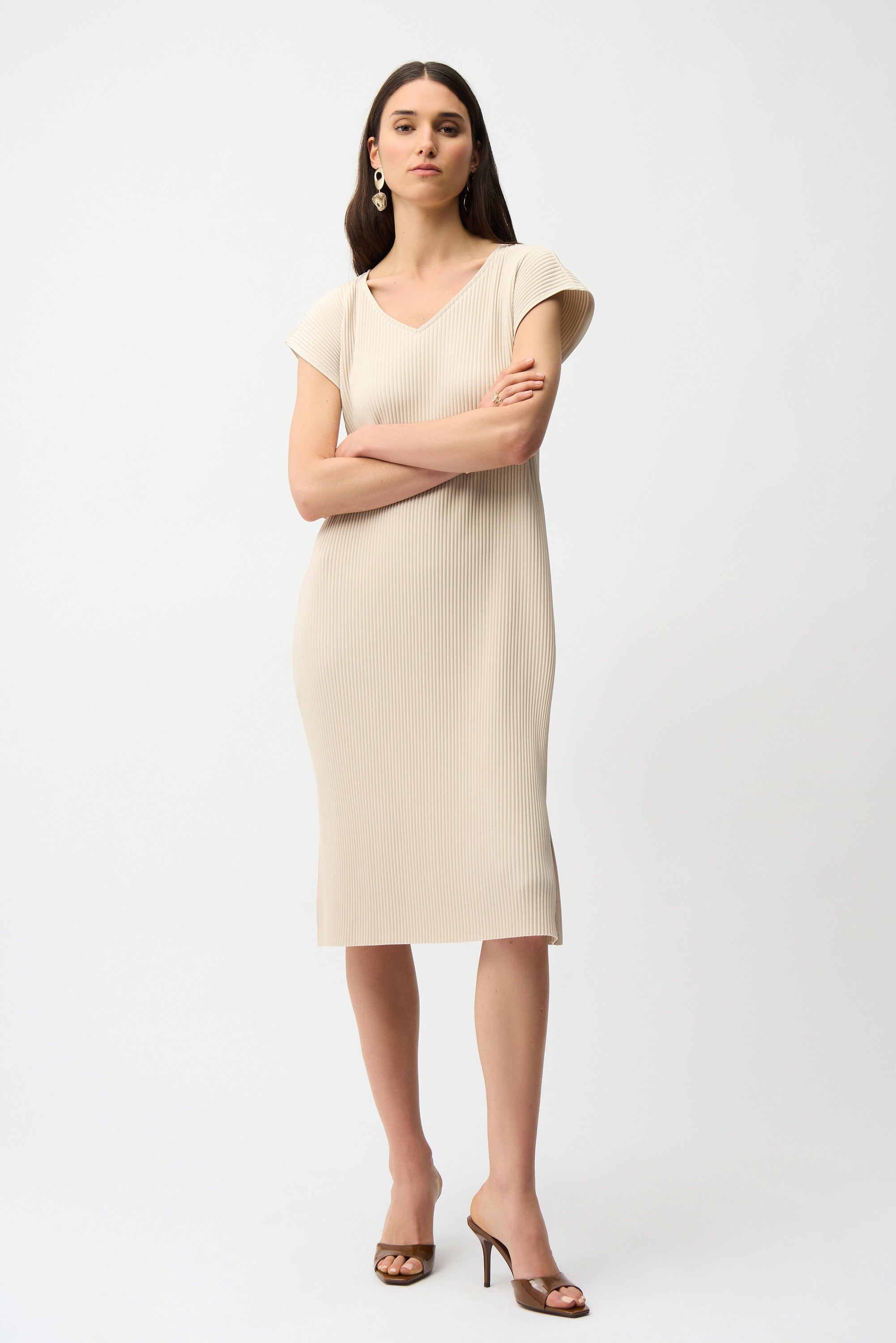 Pleated Scuba V-Neck Dress