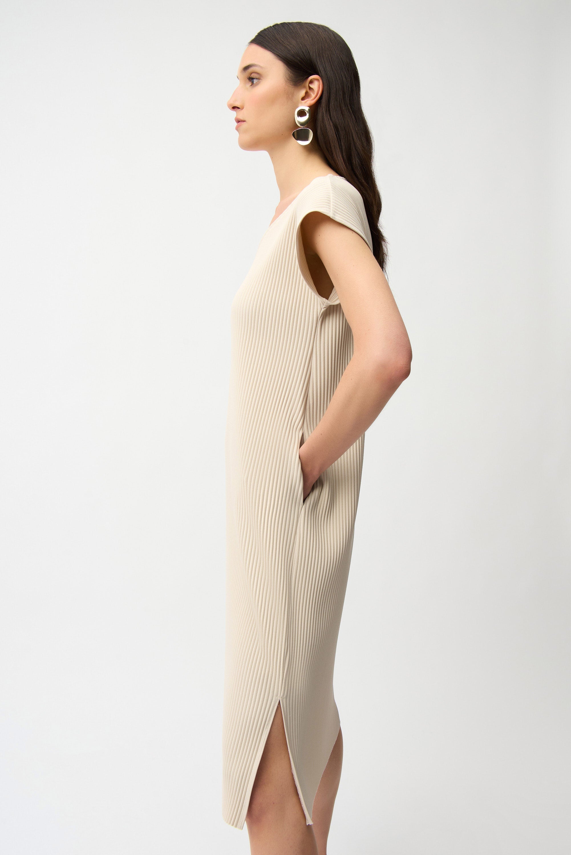 Pleated Scuba V-Neck Dress