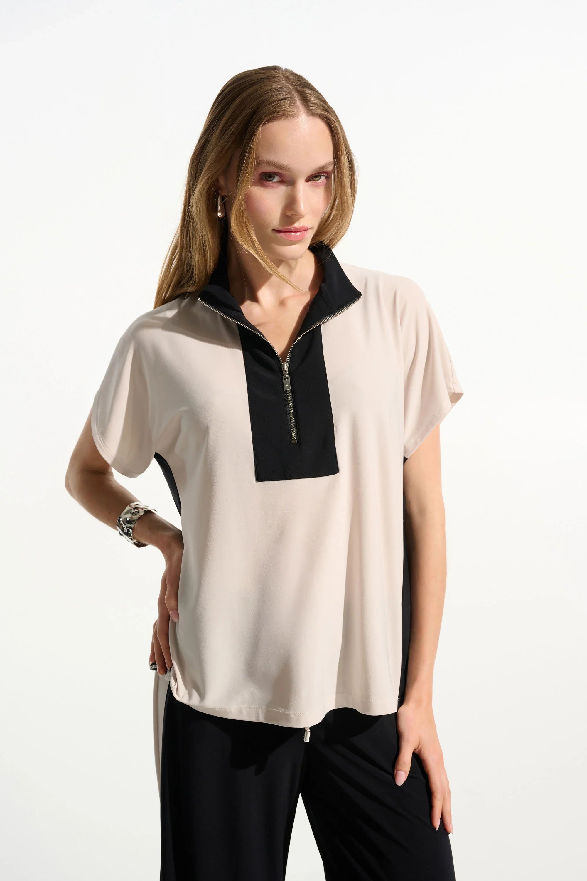 Zip Stand Collar Color Block Top