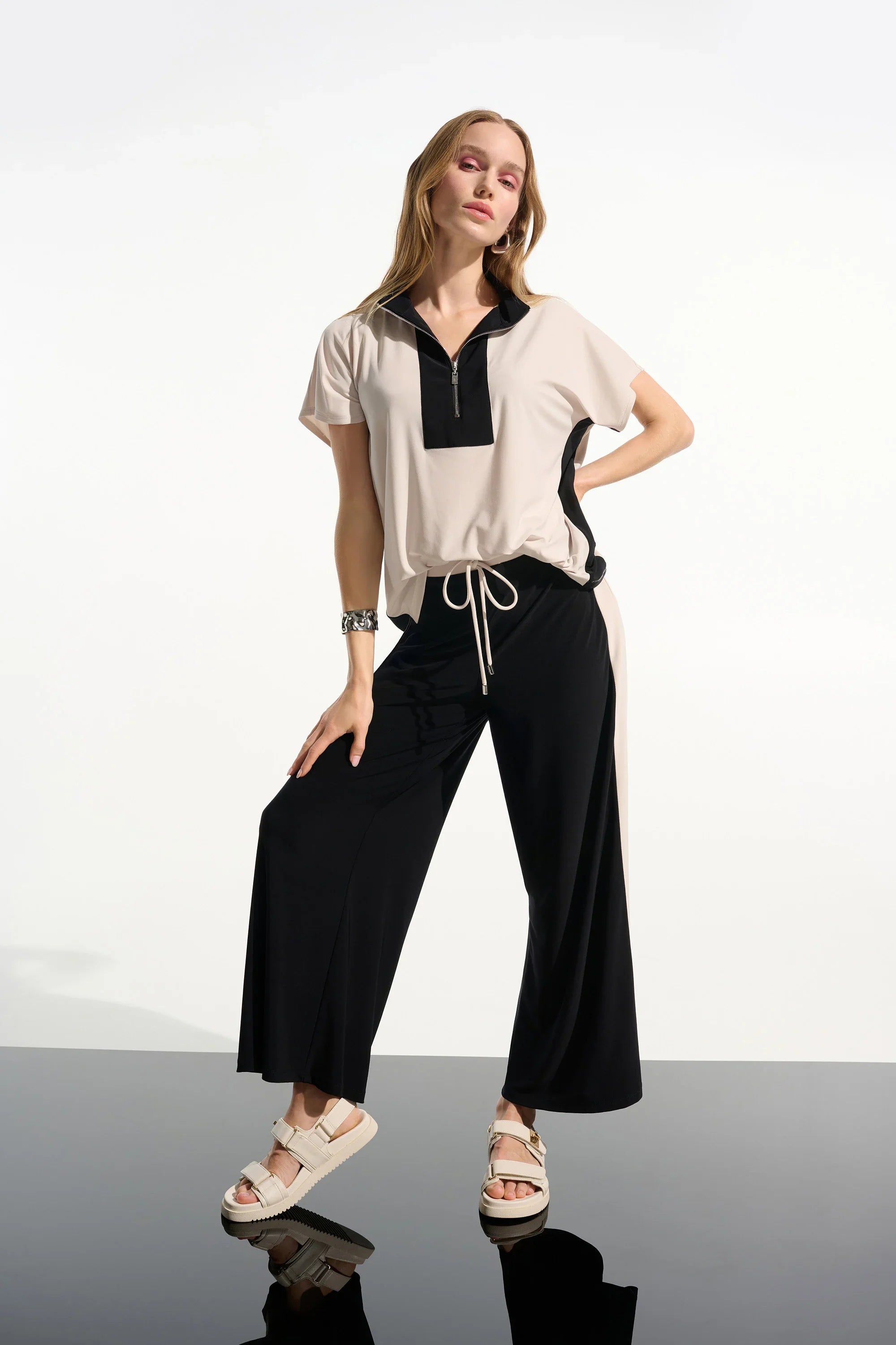 Zip Stand Collar Color Block Top