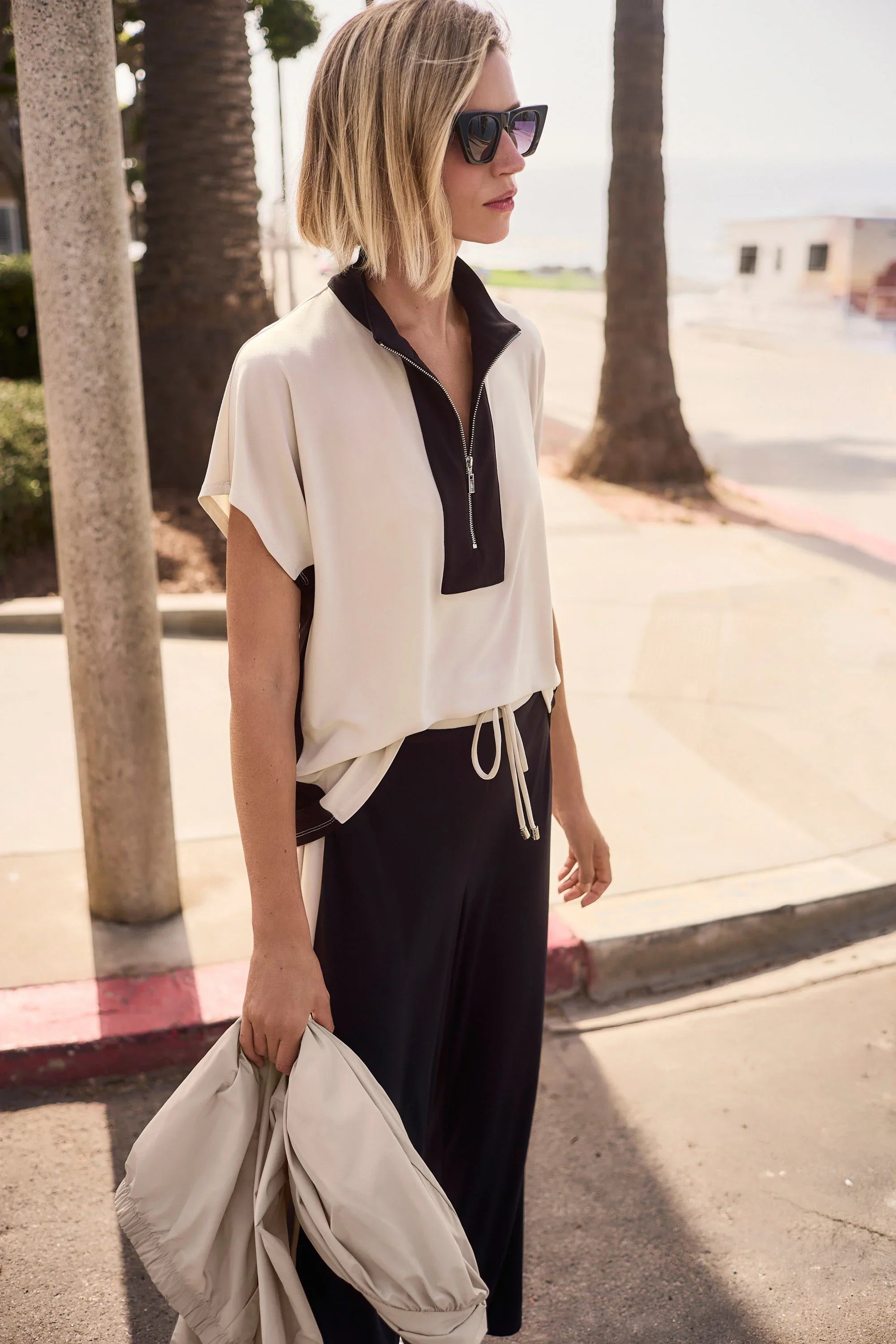 Zip Stand Collar Color Block Top