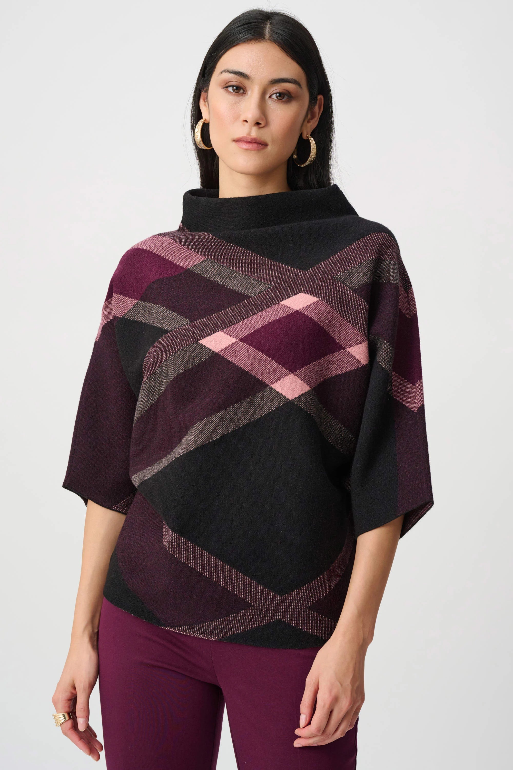Plaid Funnel Neck Sweater
