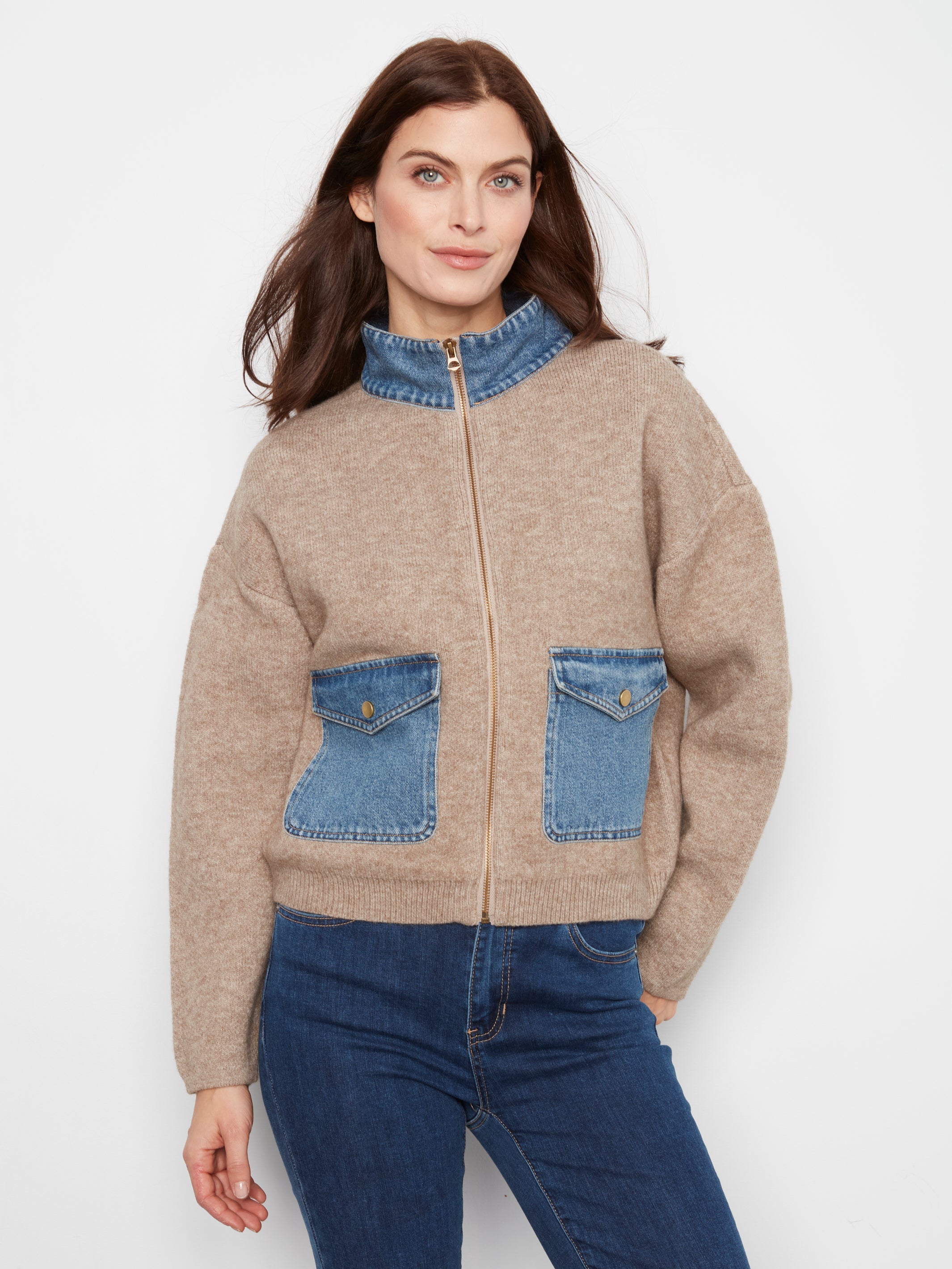 Charlie B Zipped Sweater Denim Pockets  - Style C2045-716C