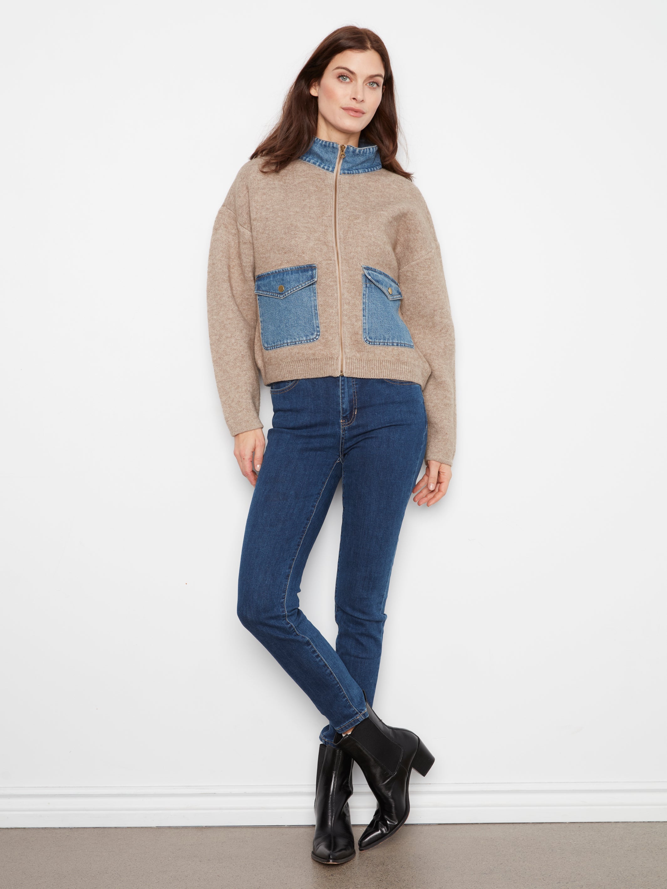 Charlie B Zipped Sweater Denim Pockets  - Style C2045-716C