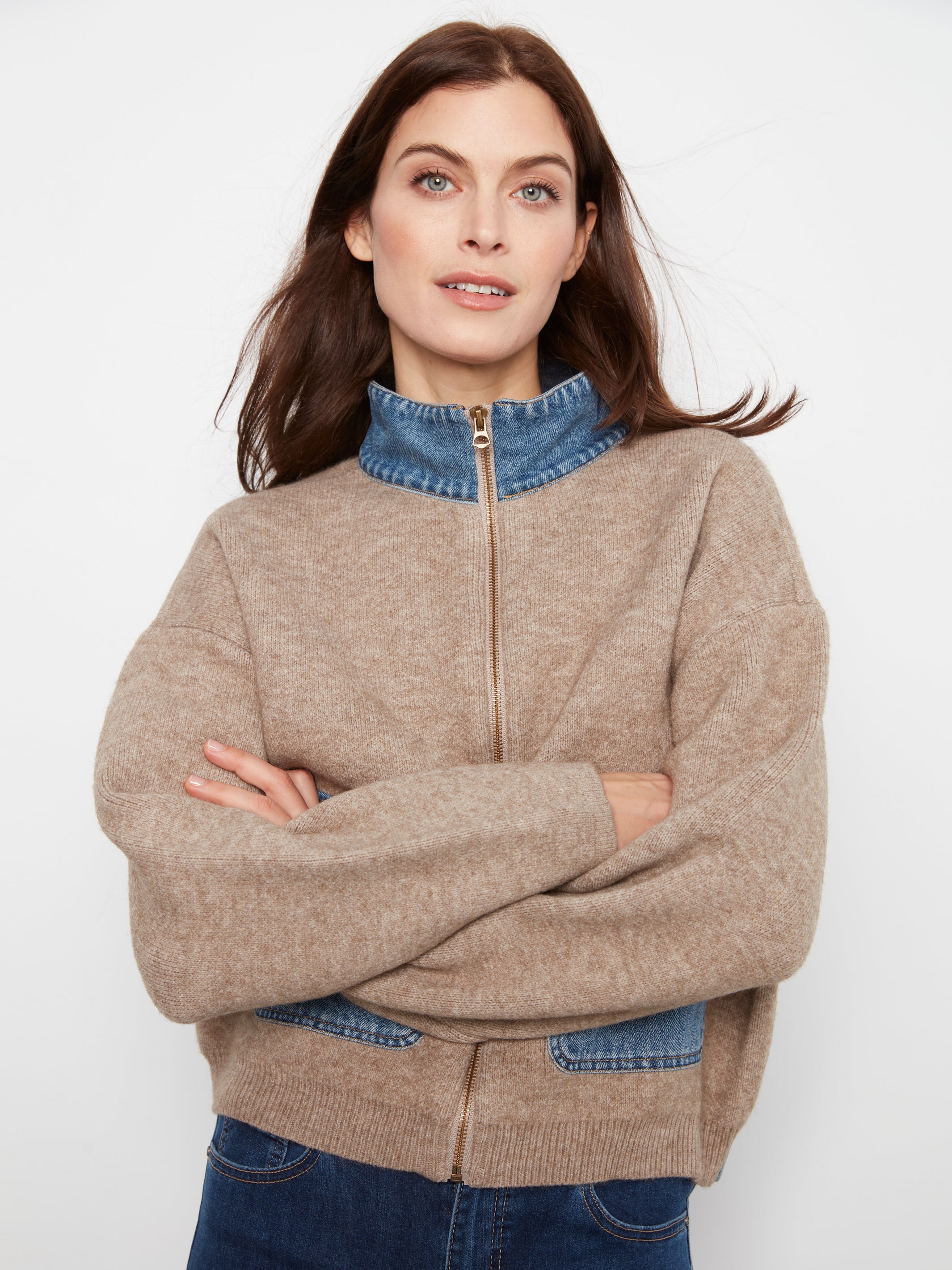 Charlie B Zipped Sweater Denim Pockets  - Style C2045-716C
