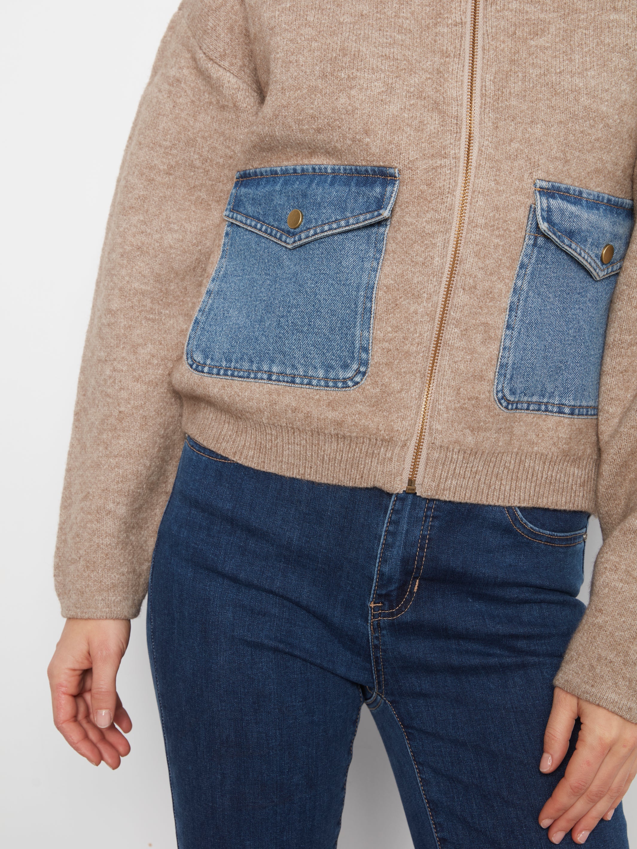 Charlie B Zipped Sweater Denim Pockets  - Style C2045-716C