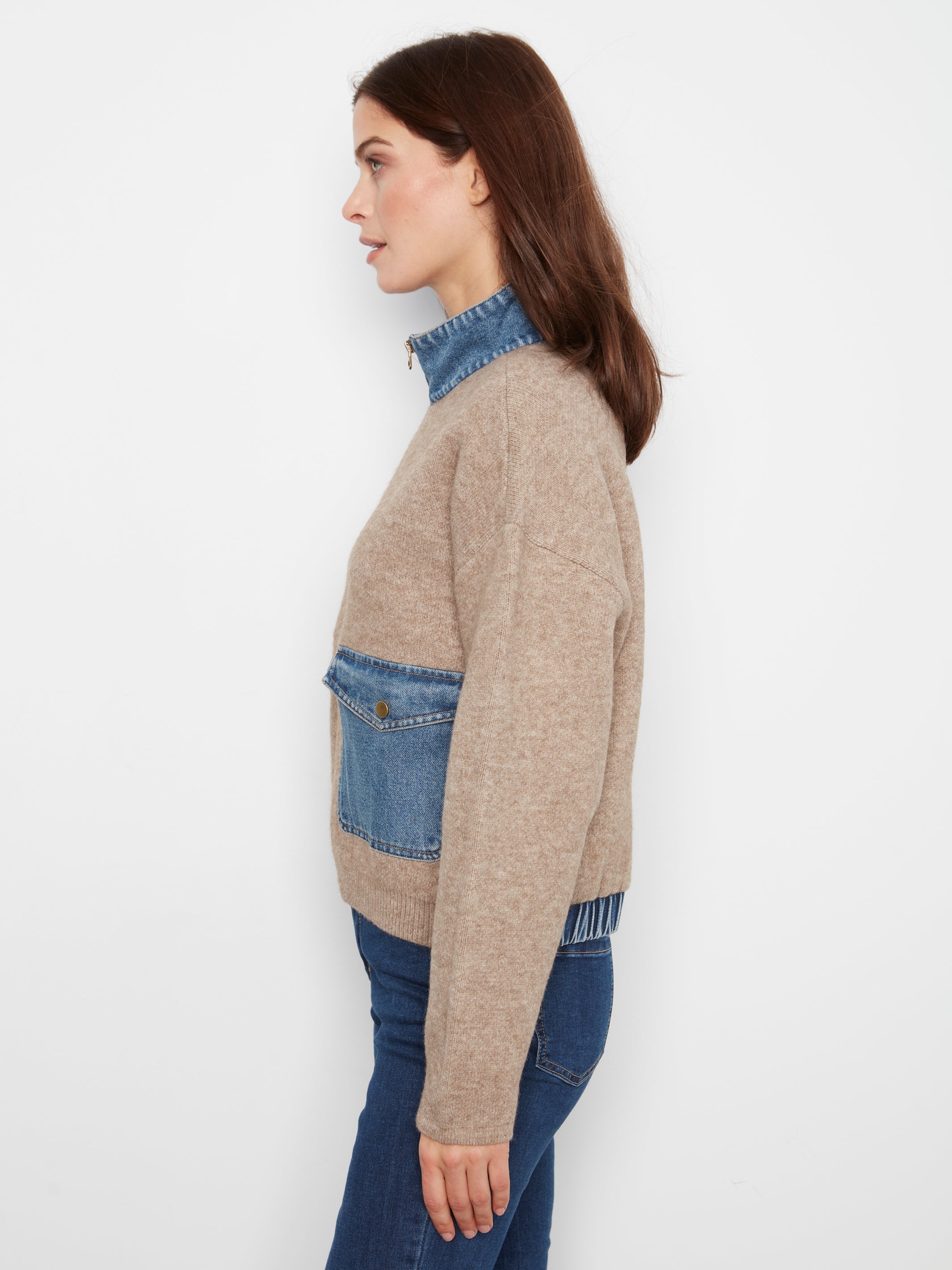 Charlie B Zipped Sweater Denim Pockets  - Style C2045-716C