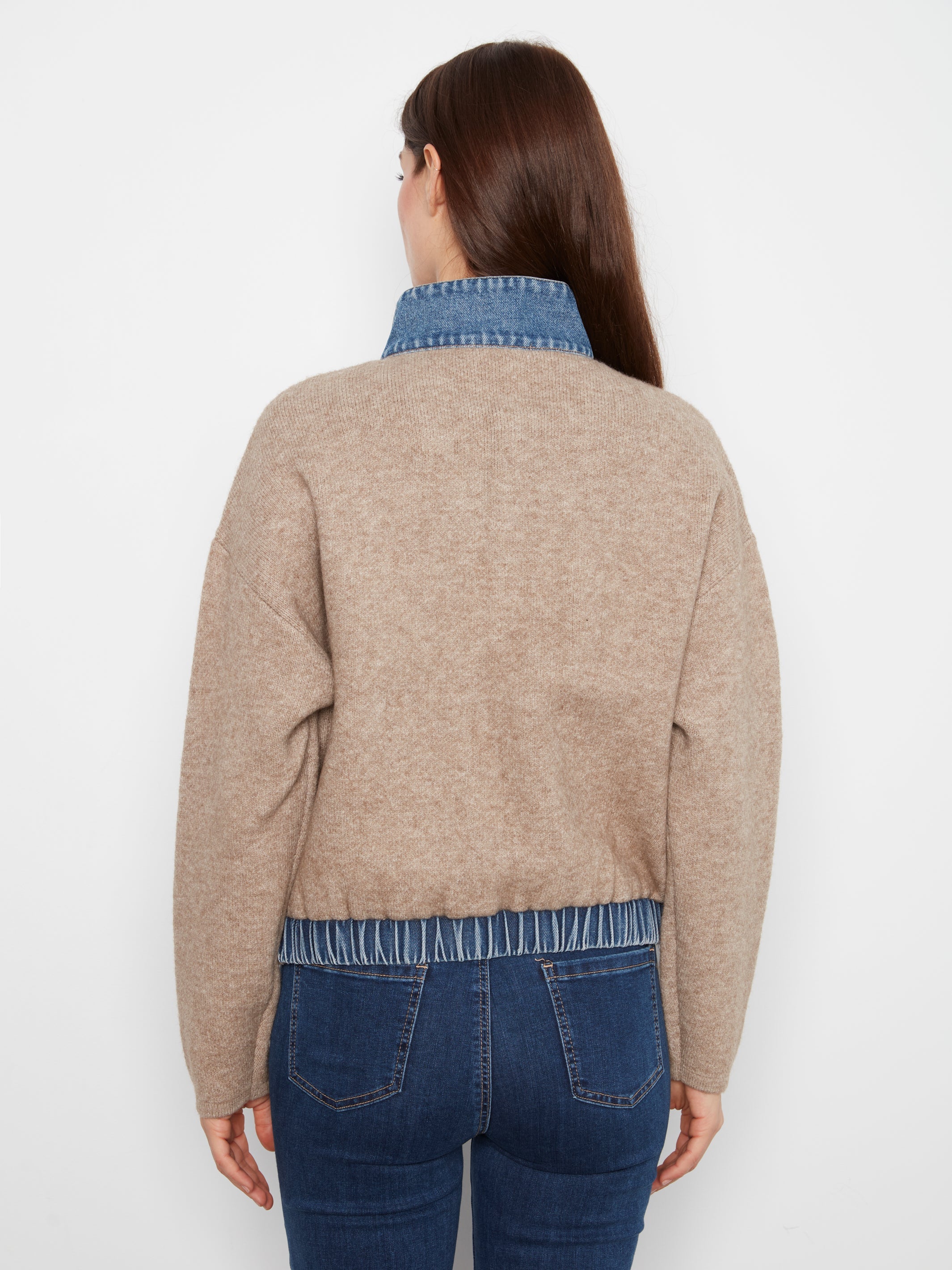 Charlie B Zipped Sweater Denim Pockets  - Style C2045-716C