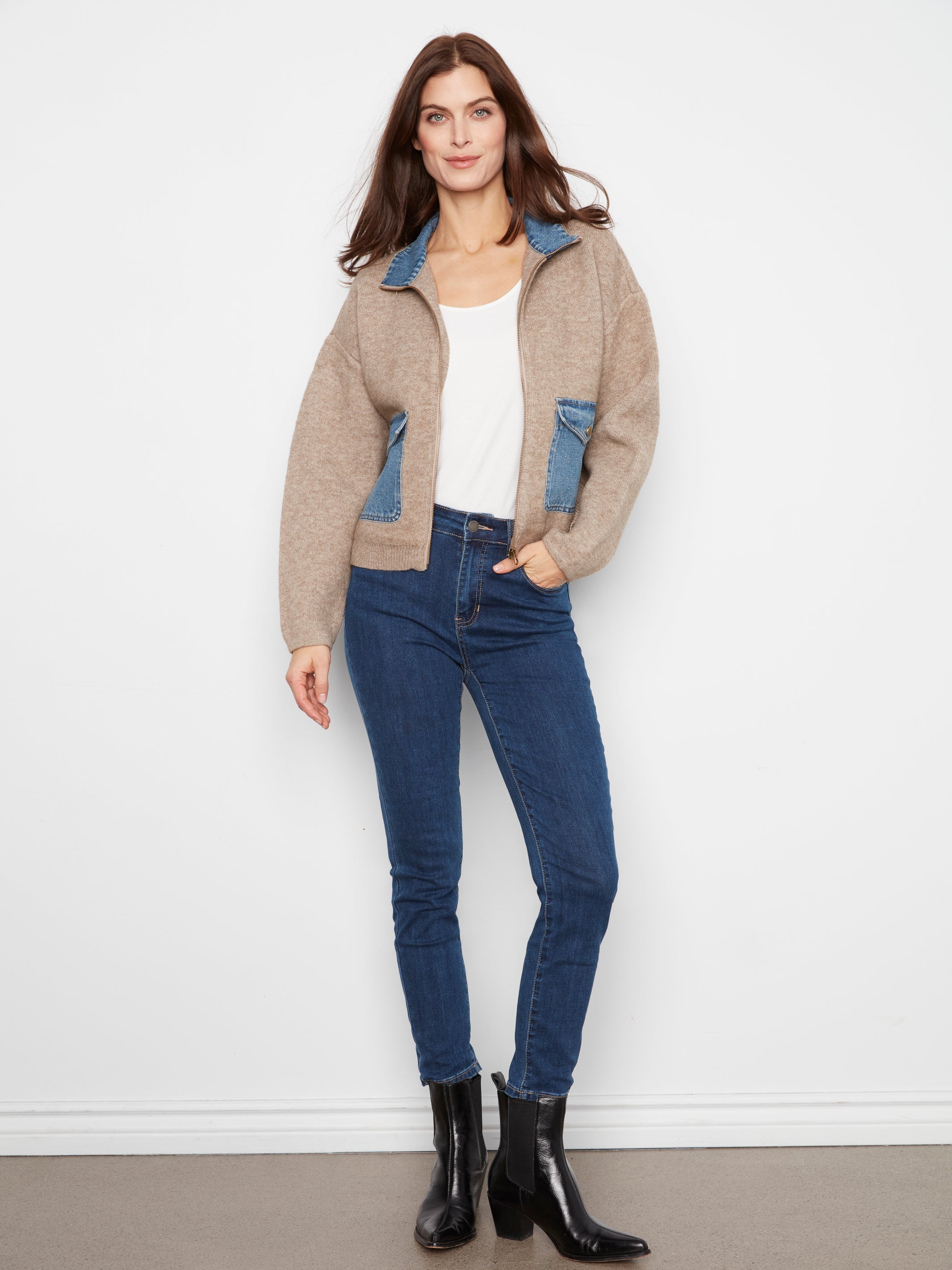 Charlie B Zipped Sweater Denim Pockets  - Style C2045-716C