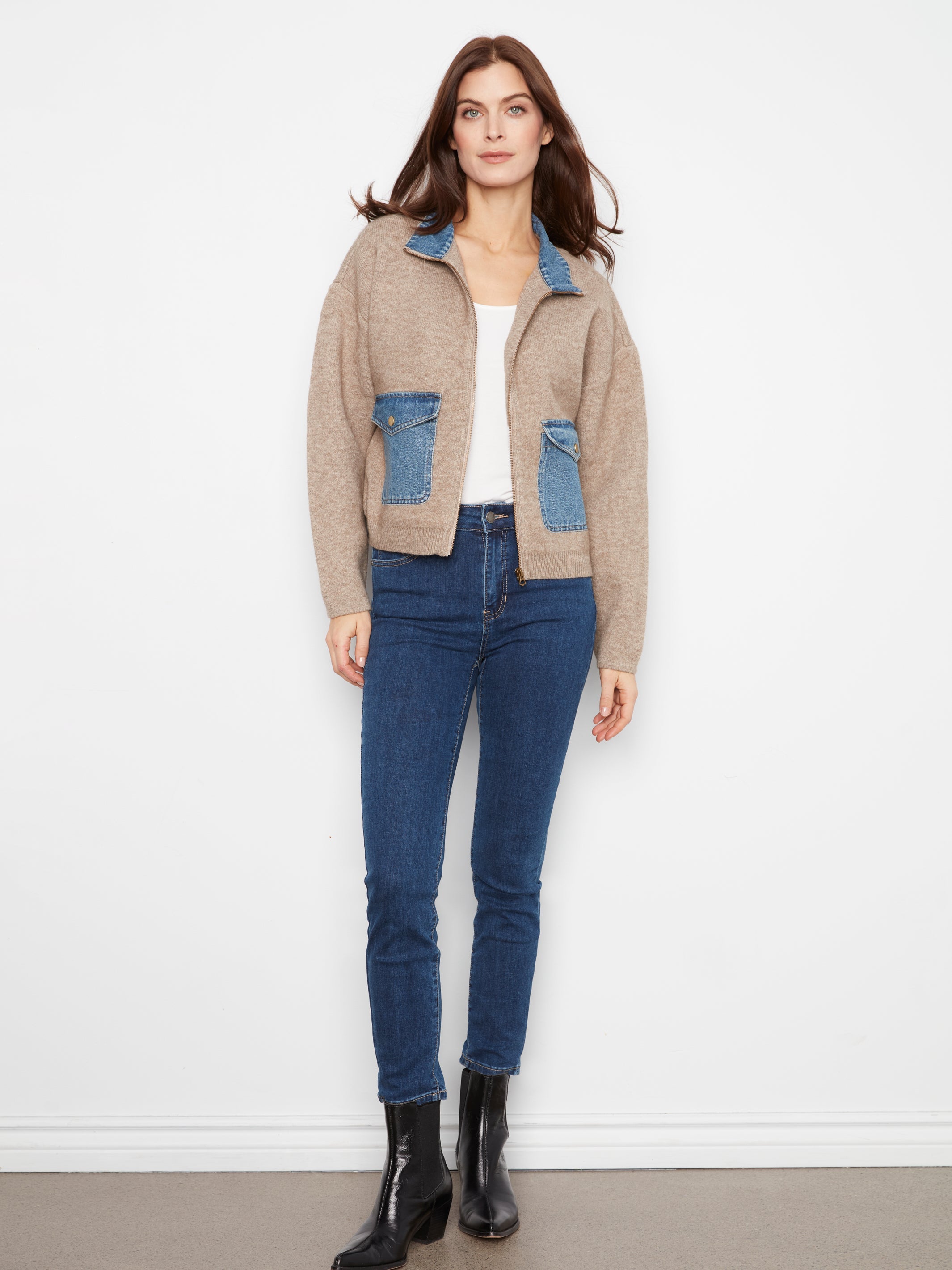 Charlie B Zipped Sweater Denim Pockets  - Style C2045-716C