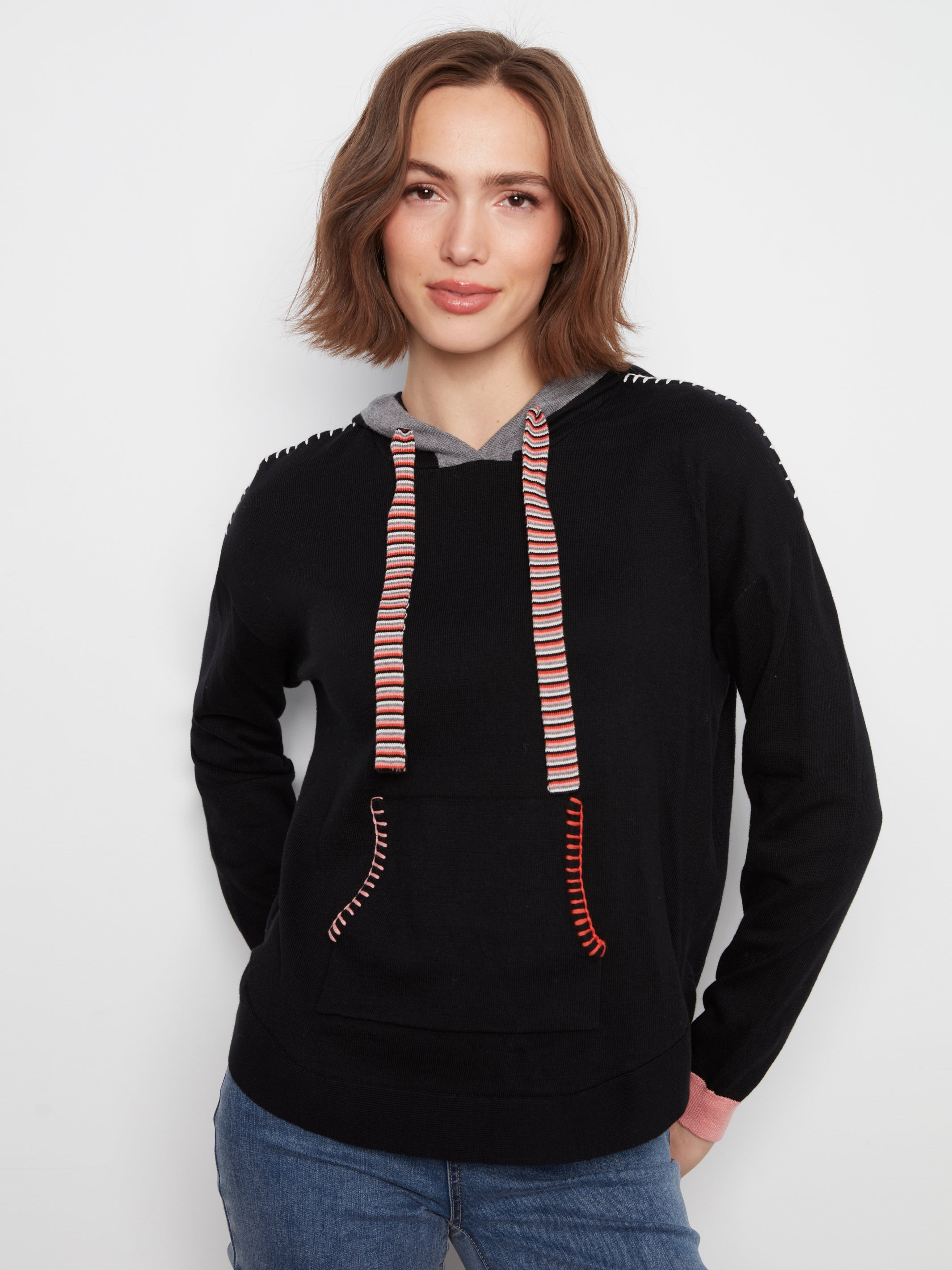 Charlie B Contrast Detail Hooded Sweater - Style C2075-751C