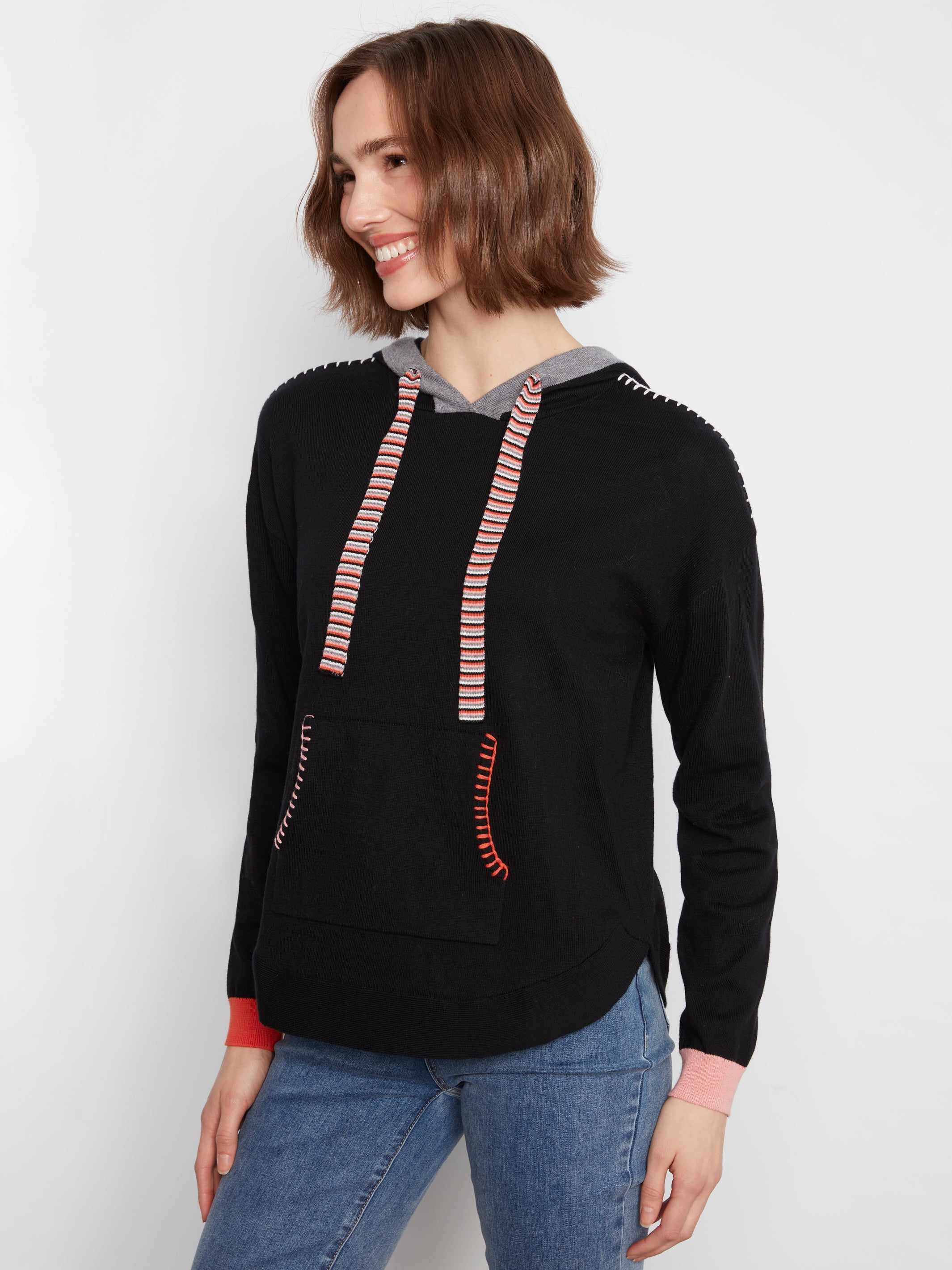 Charlie B Contrast Detail Hooded Sweater - Style C2075-751C