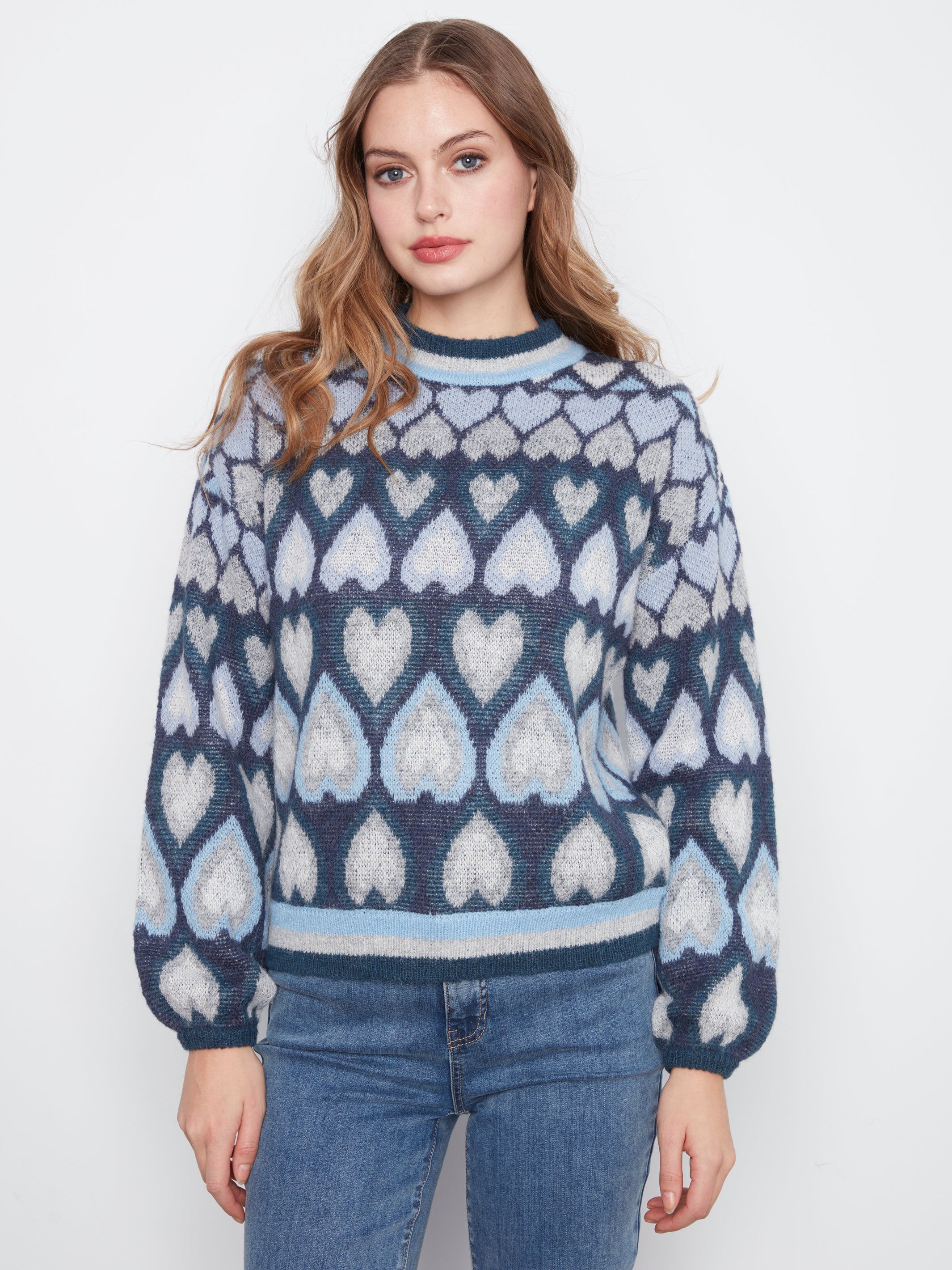 Charlie B Heart Jacquard Mock Neck Sweater - Style C2175-820C