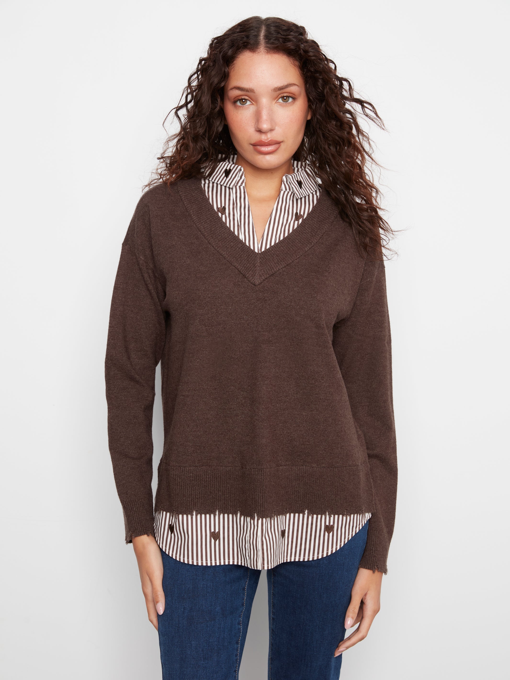 Charlie B Long Sleeve V-Neck Fooler Sweater - Style C2568RP-464A