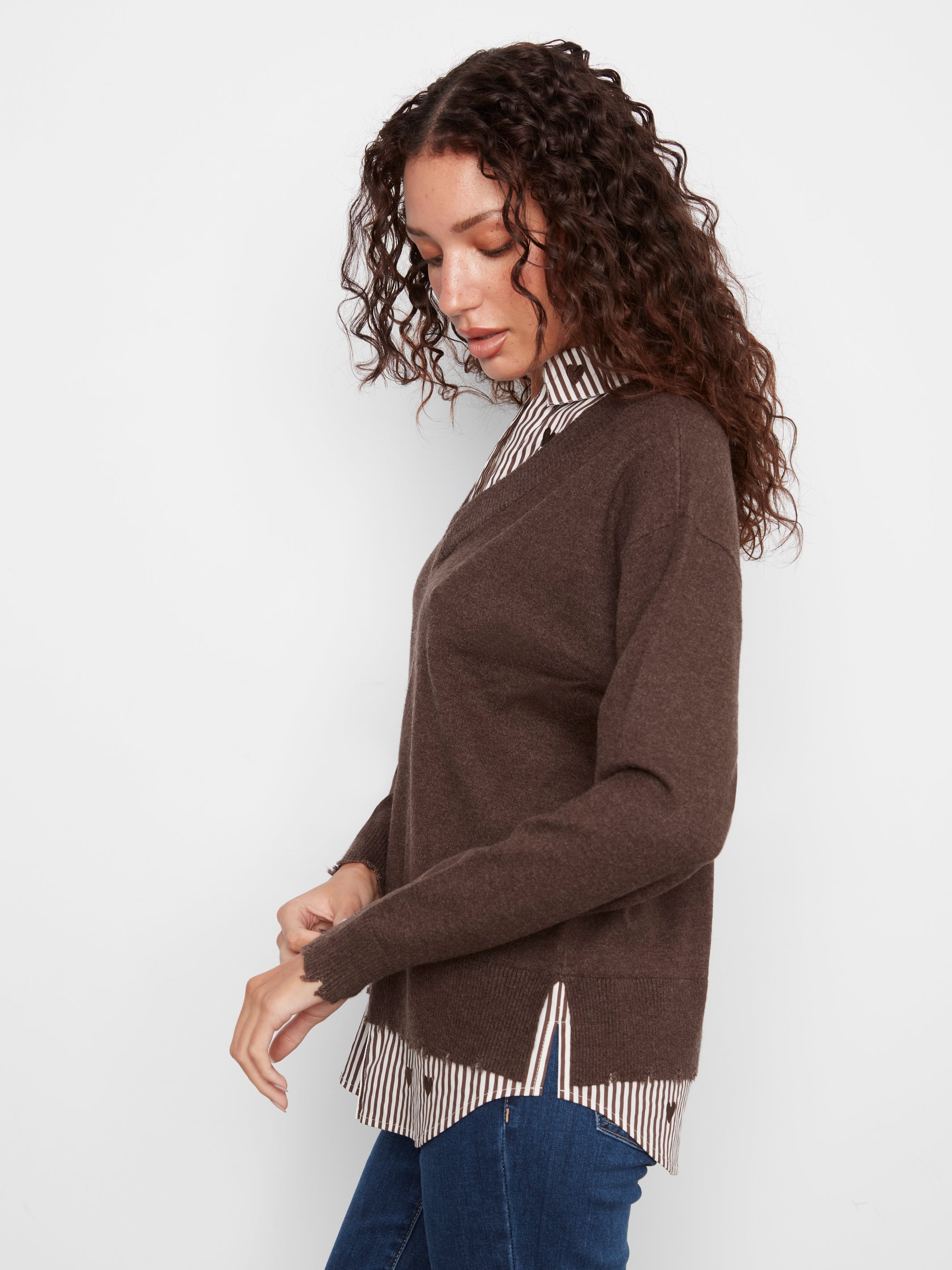 Charlie B Long Sleeve V-Neck Fooler Sweater - Style C2568RP-464A