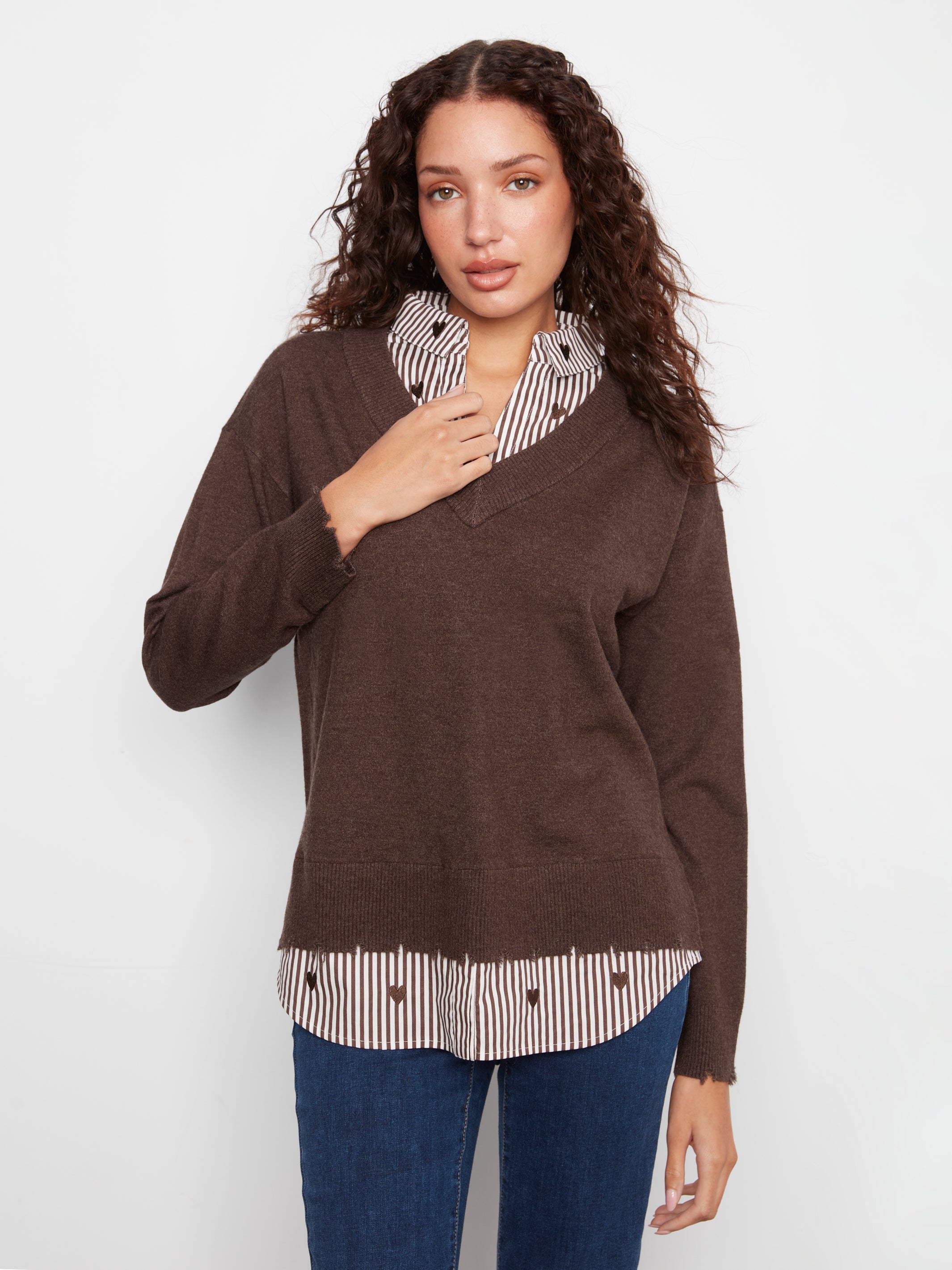 Charlie B Long Sleeve V-Neck Fooler Sweater - Style C2568RP-464A