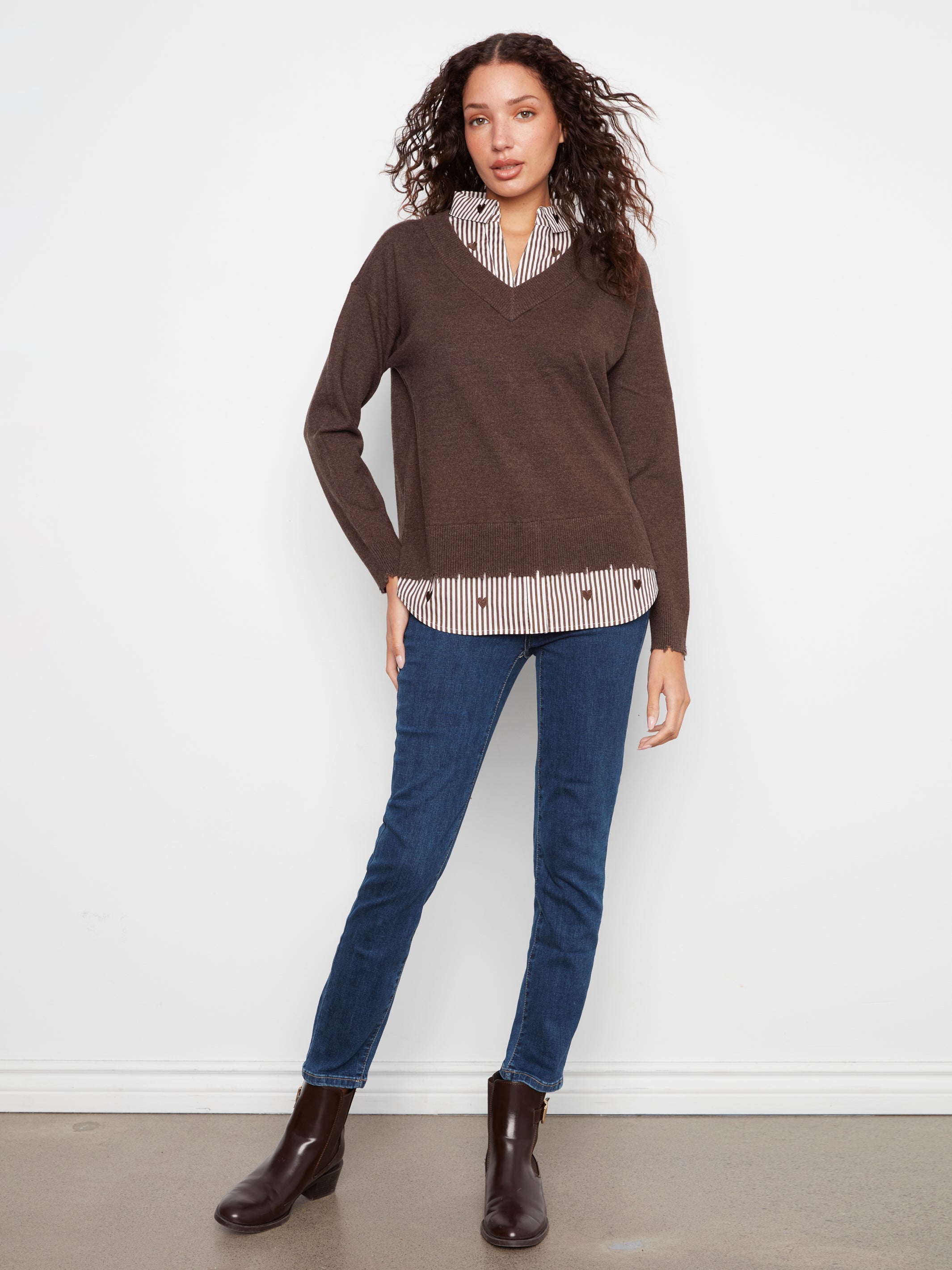 Charlie B Long Sleeve V-Neck Fooler Sweater - Style C2568RP-464A