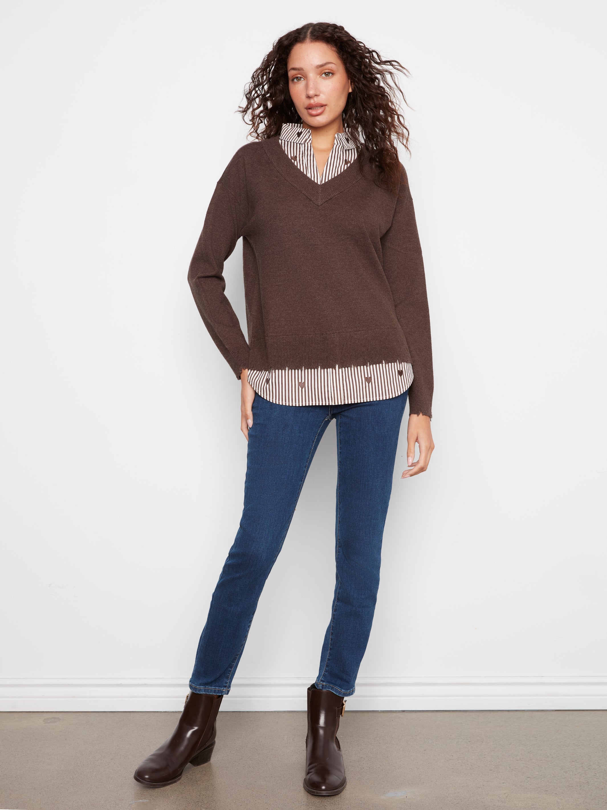 Charlie B Long Sleeve V-Neck Fooler Sweater - Style C2568RP-464A