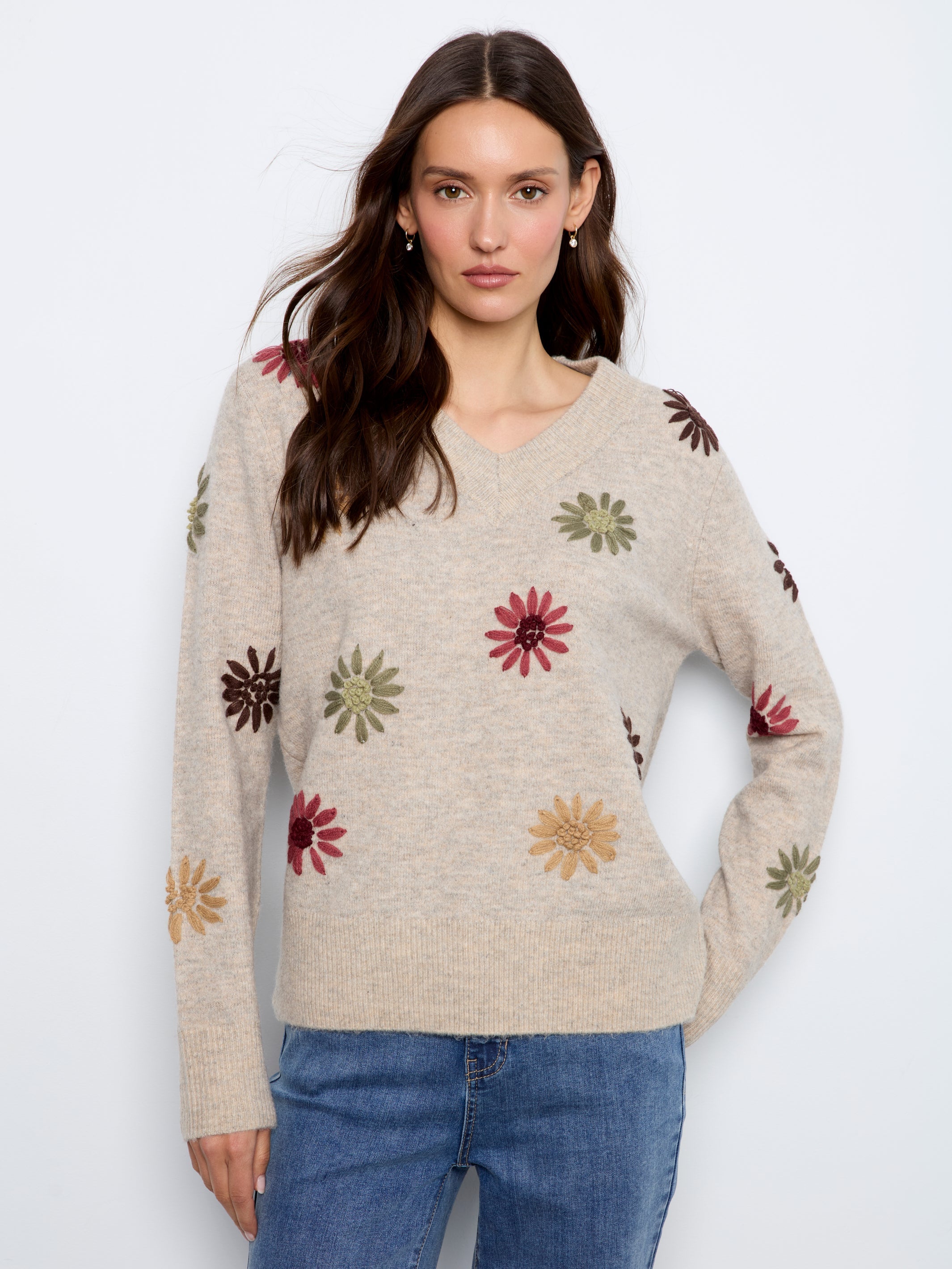 Charlie B Embroidered V-Neck Sweater - Style C2853R-433C