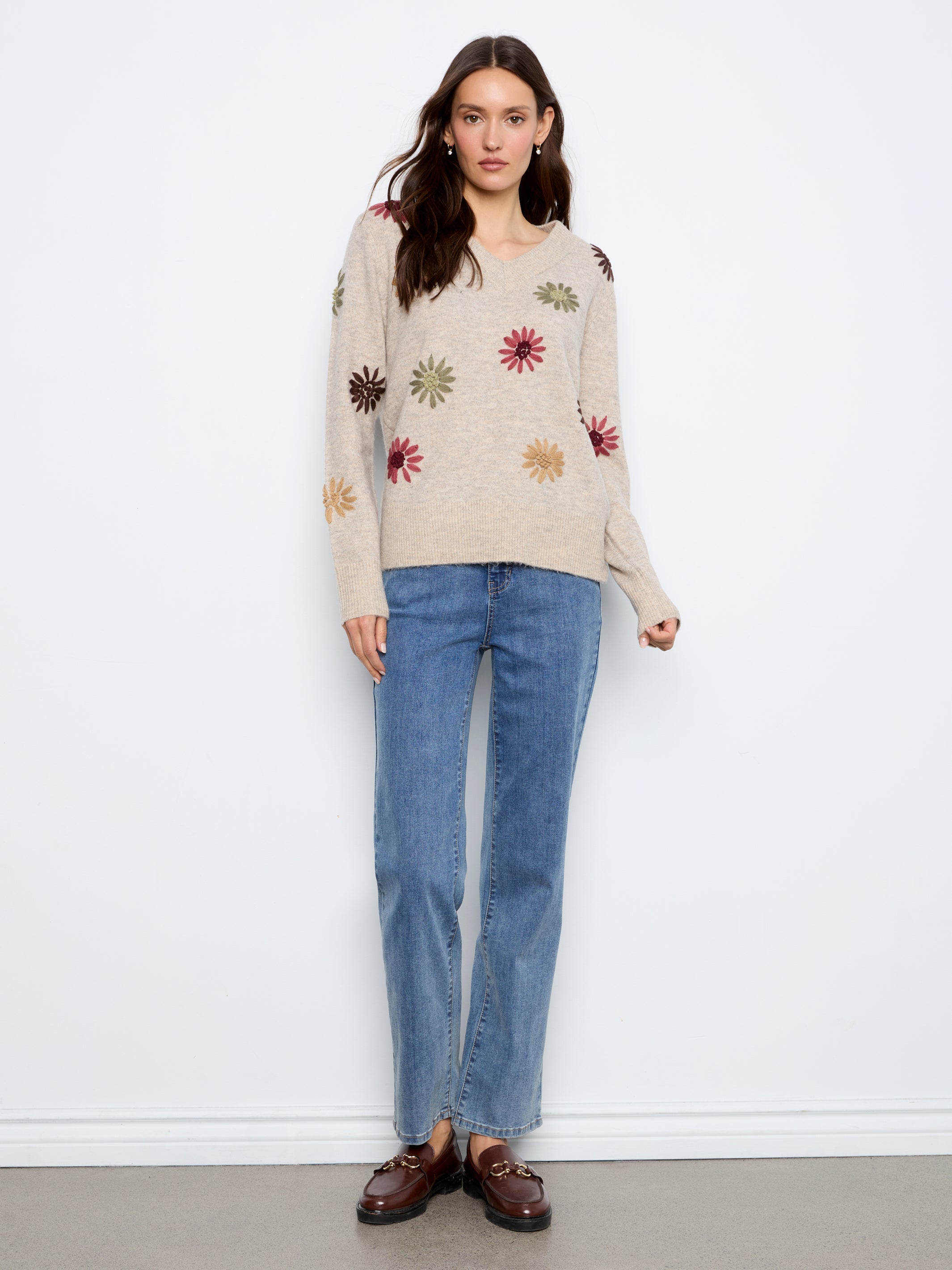 Charlie B Embroidered V-Neck Sweater - Style C2853R-433C