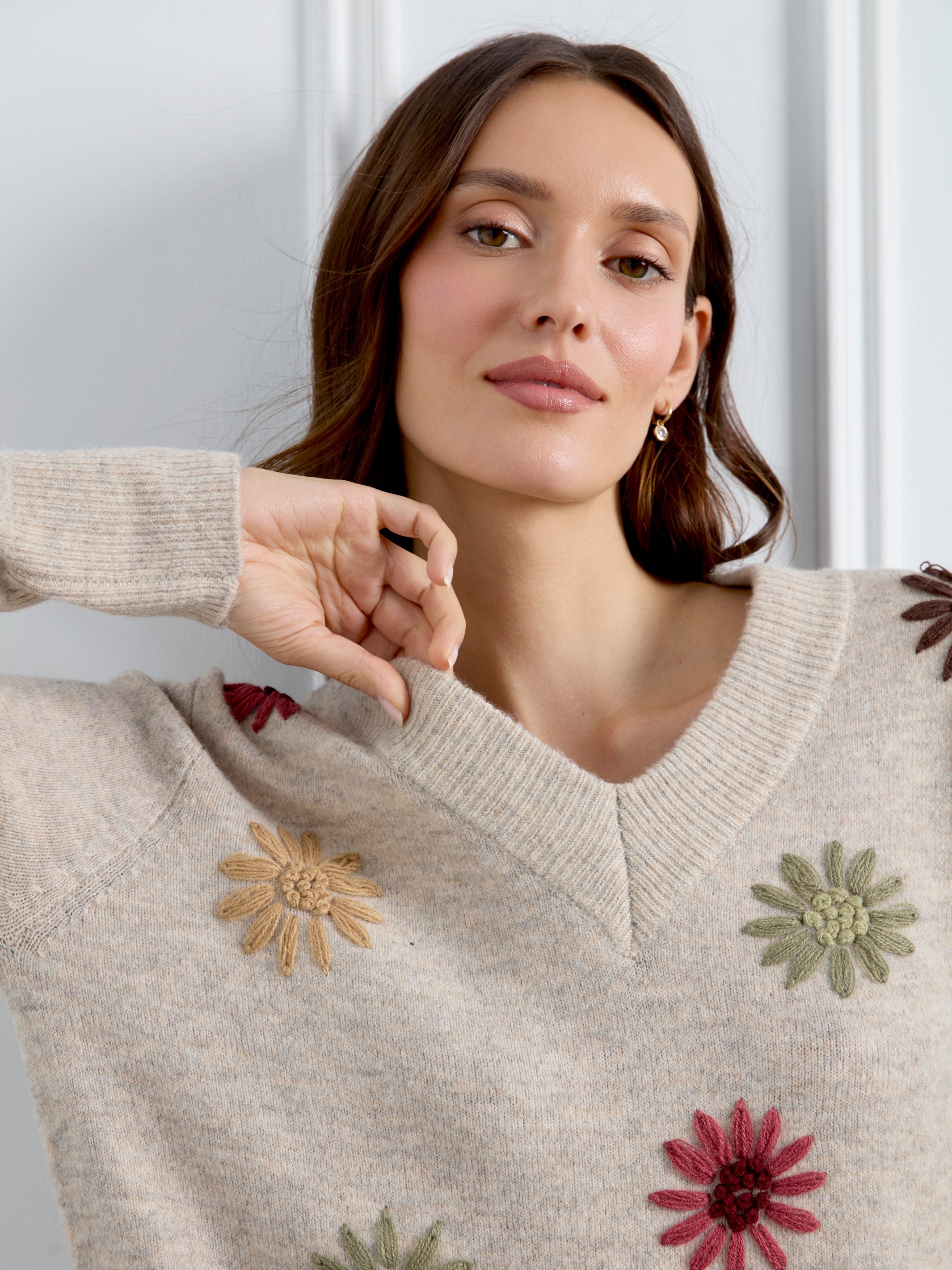Charlie B Embroidered V-Neck Sweater - Style C2853R-433C
