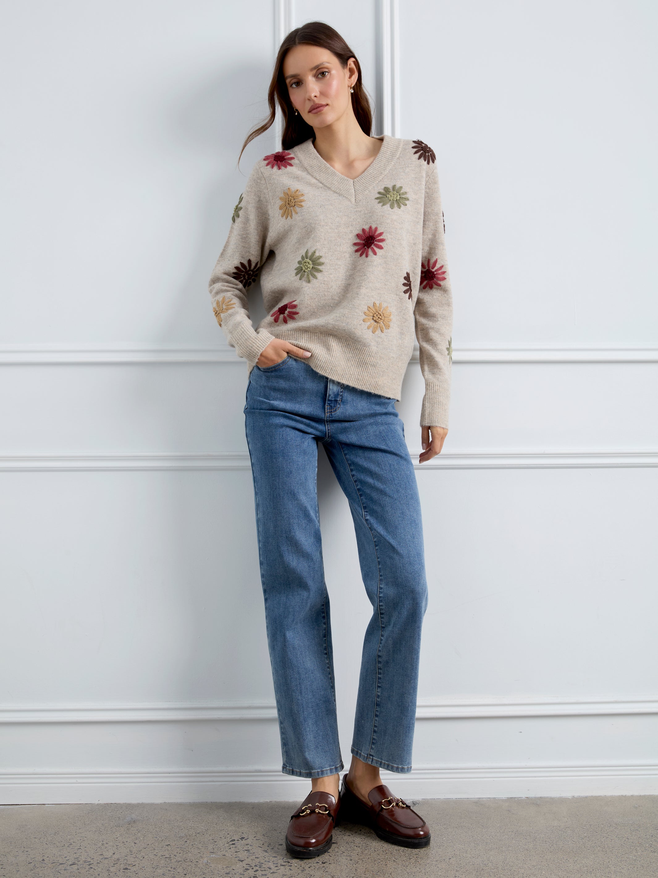 Embroidered V-Neck Sweater
