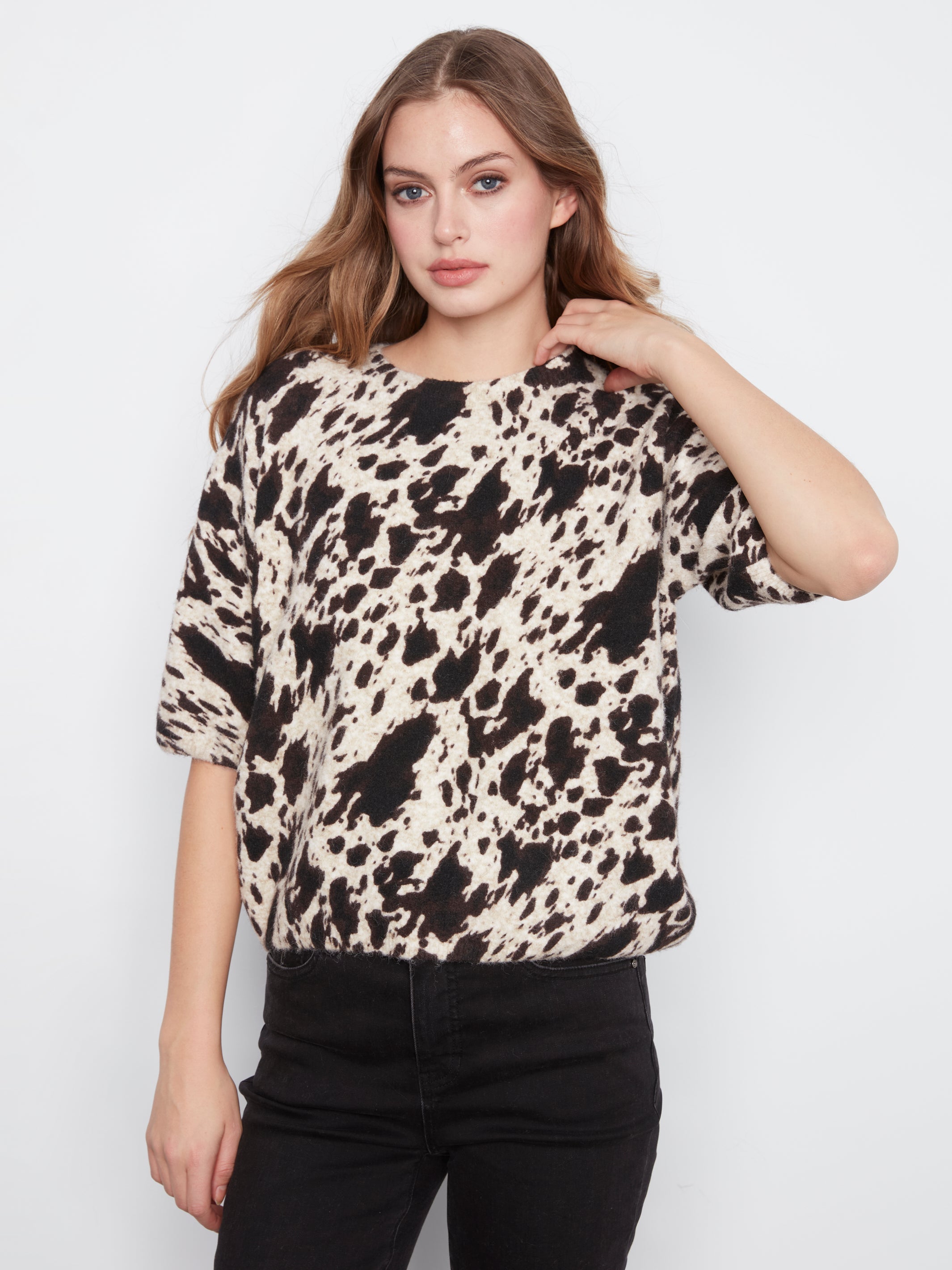 Charlie B Print Elbow Sleeve Baloon Shape Sweater - Style C2858RP-717C