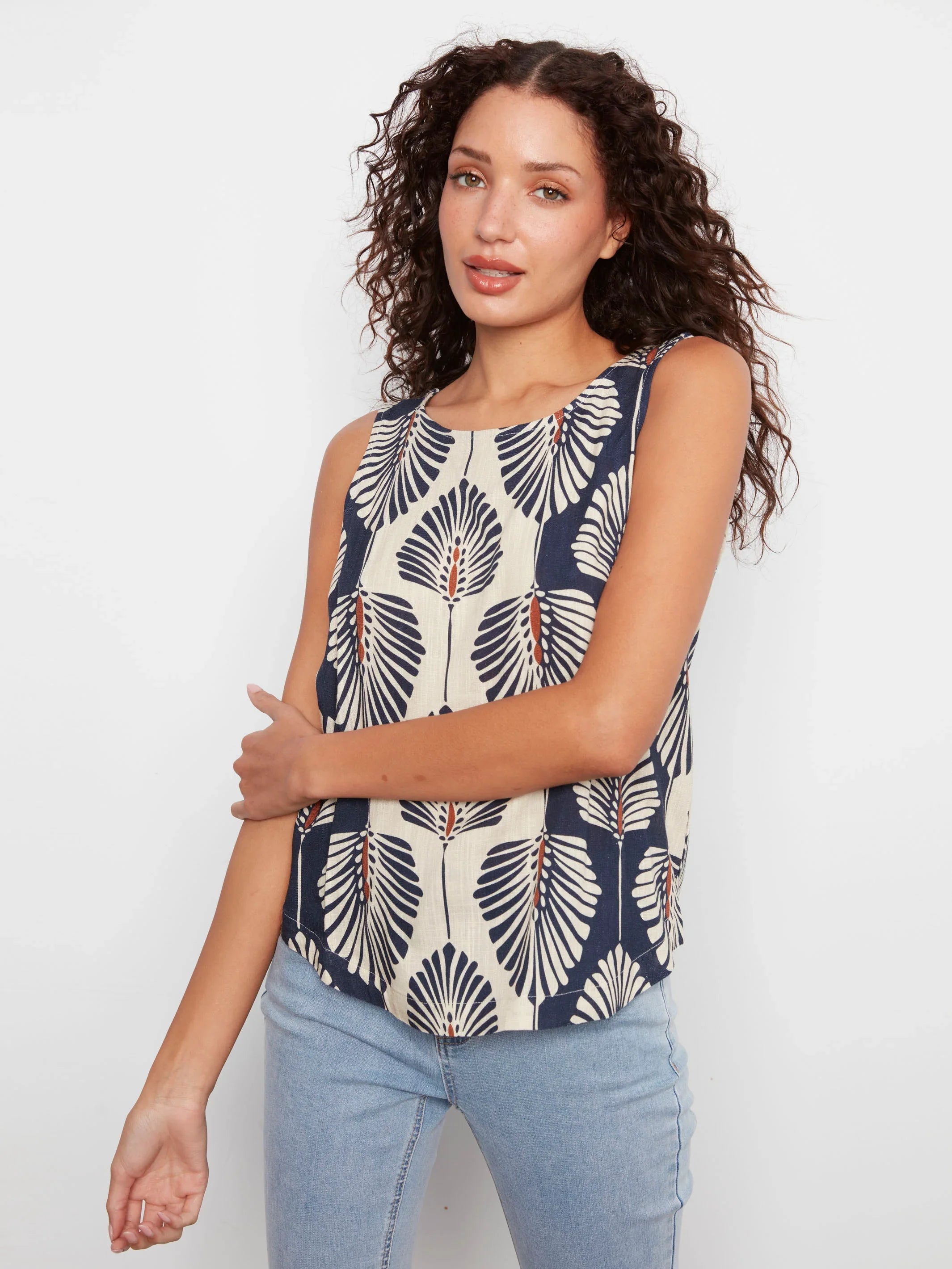 Printed Sleeveless Linen Blend Blouse