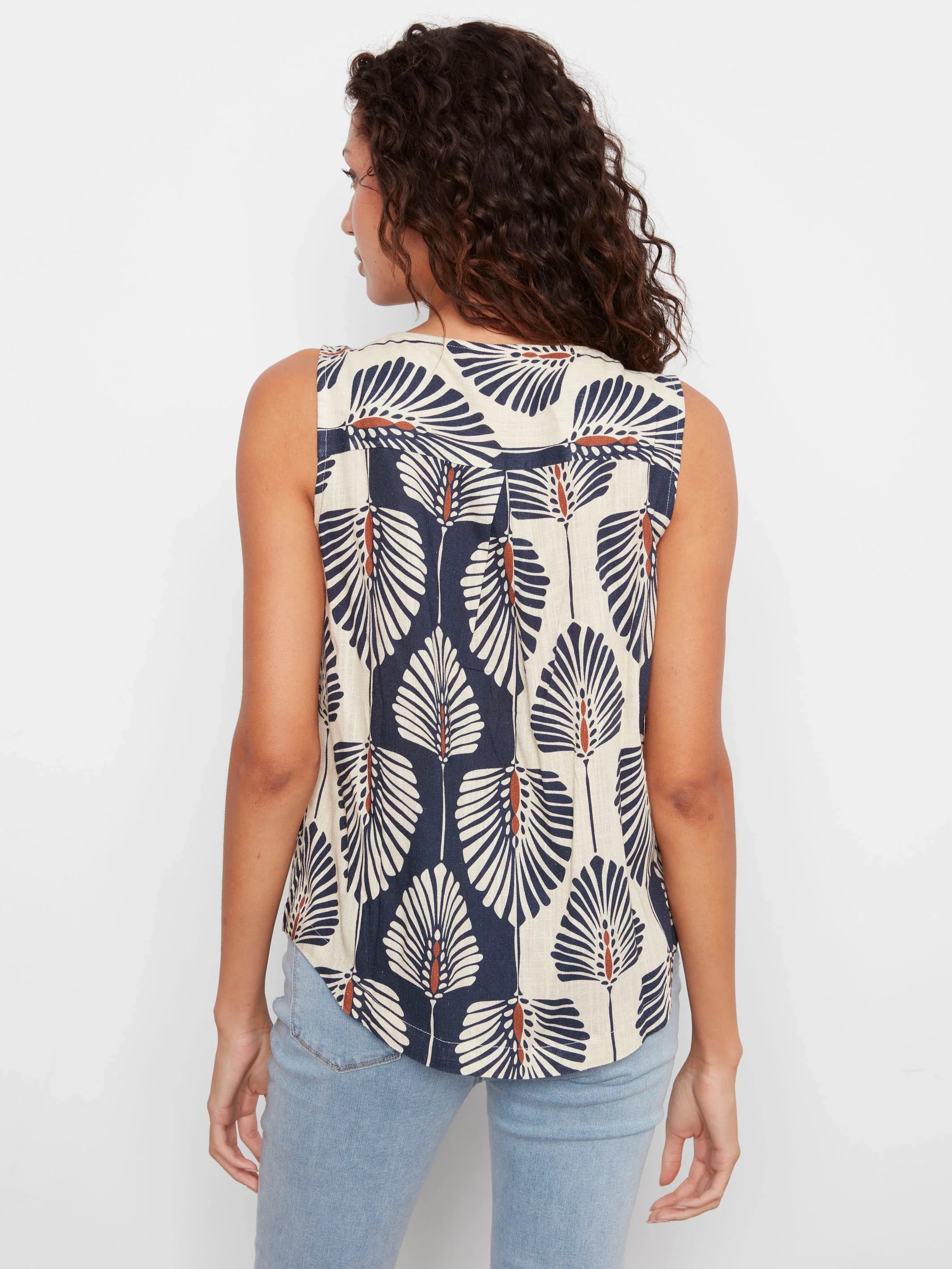 Printed Sleeveless Linen Blend Blouse