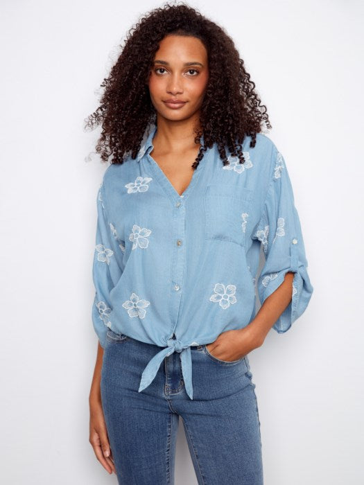 Embroidered Three-Quarter Front-Tie Blouse