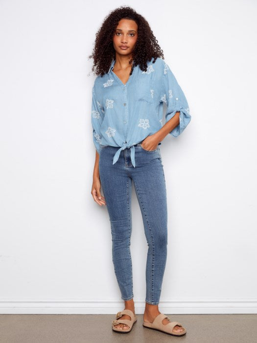 Embroidered Three-Quarter Front-Tie Blouse