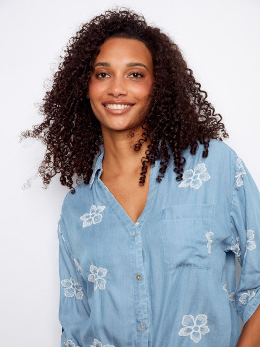 Embroidered Three-Quarter Front-Tie Blouse