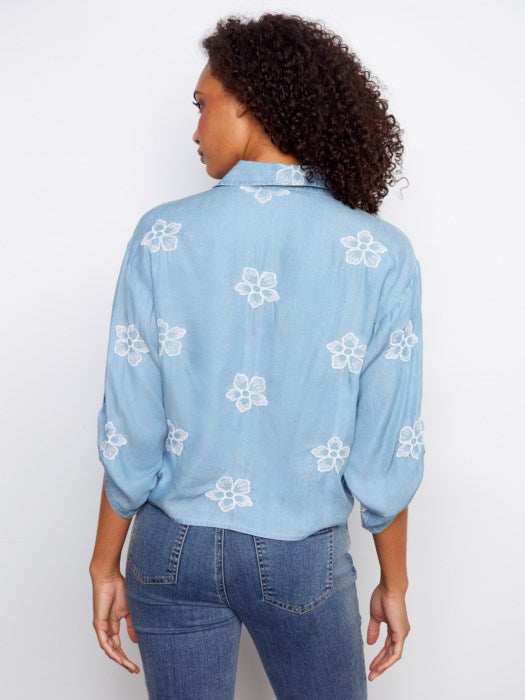Embroidered Three-Quarter Front-Tie Blouse