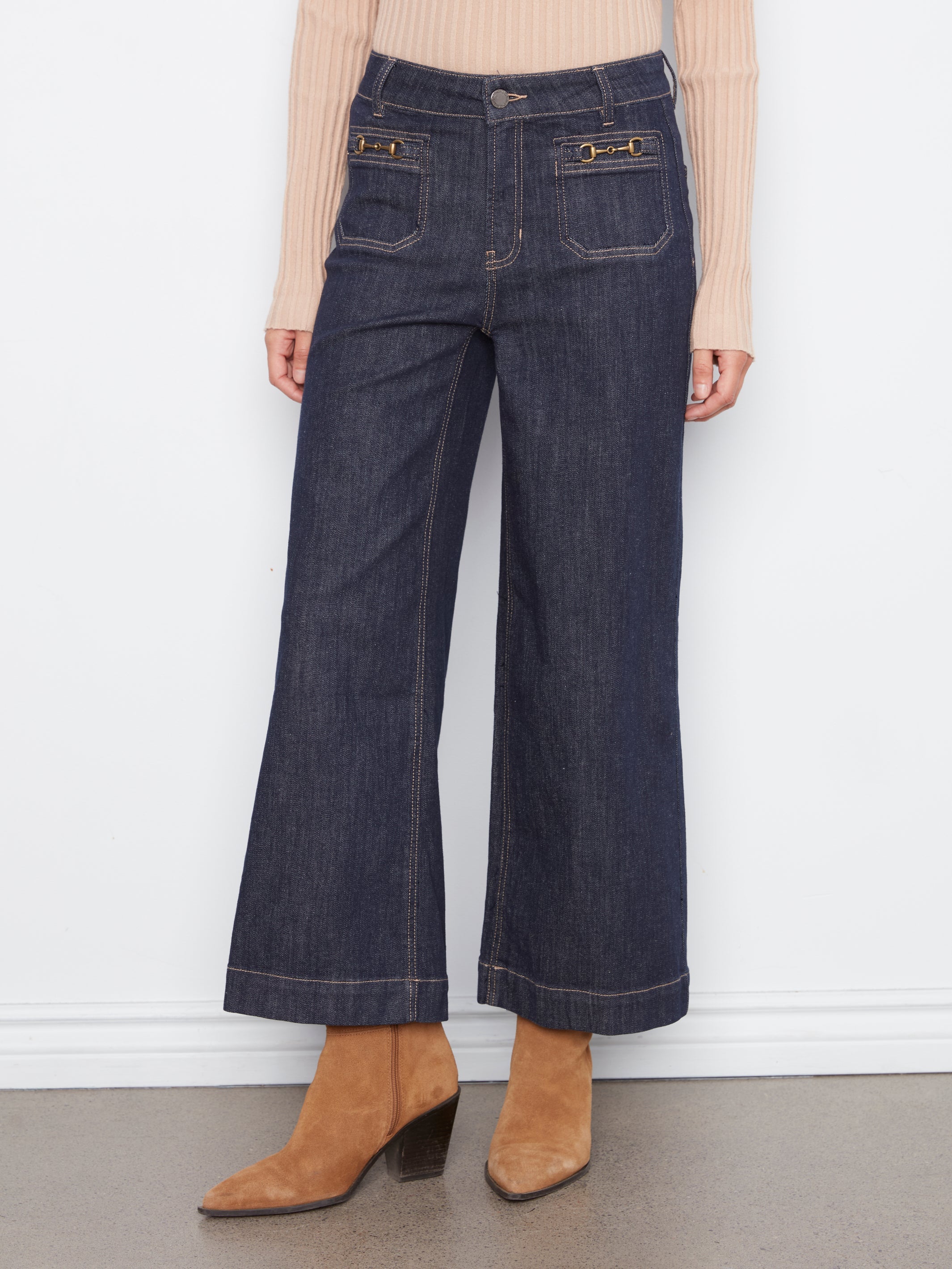 Cropped Patch Pocket Wide Leg Jeans