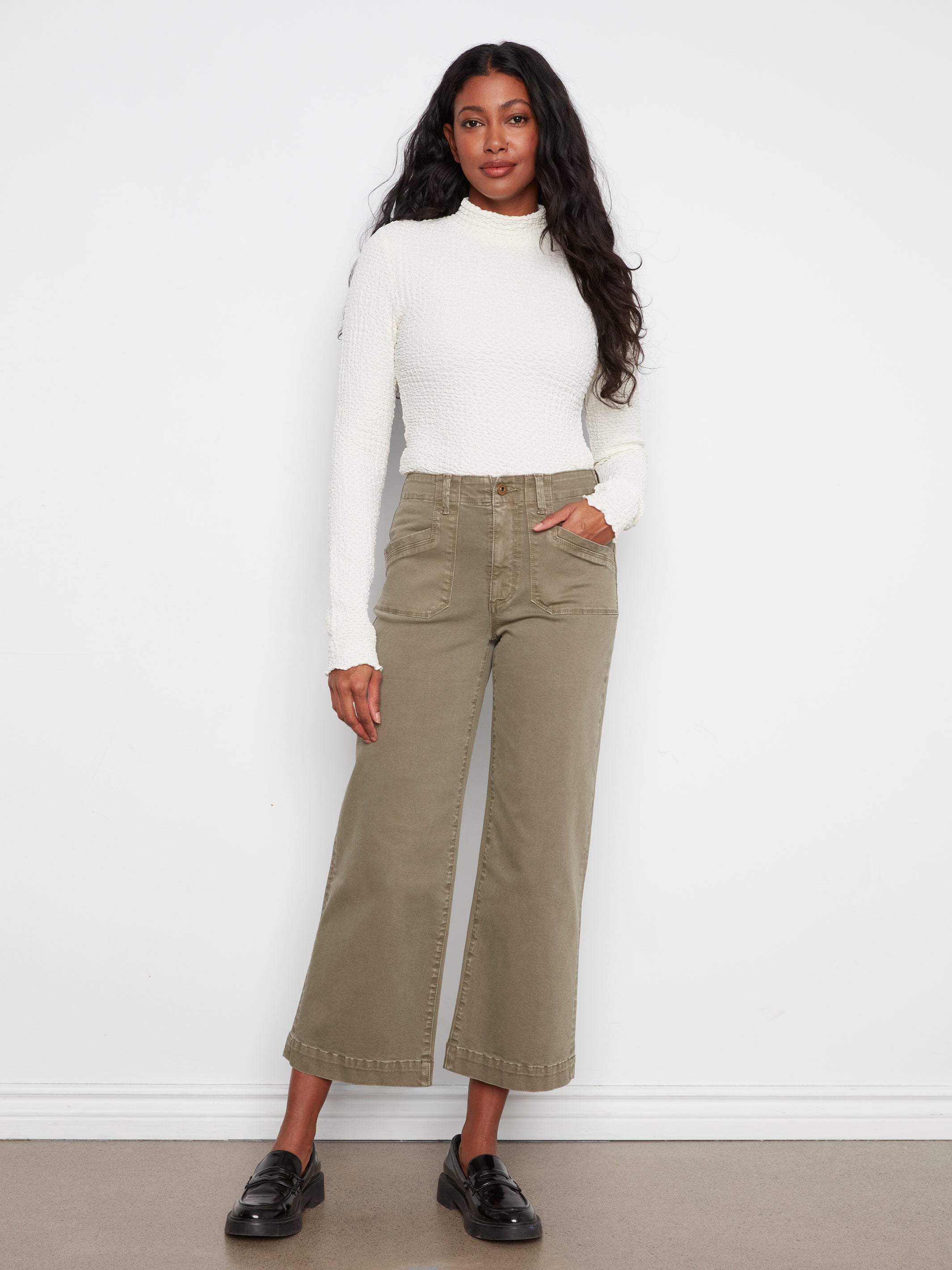Cropped Wide Leg Stretch Twill Pants