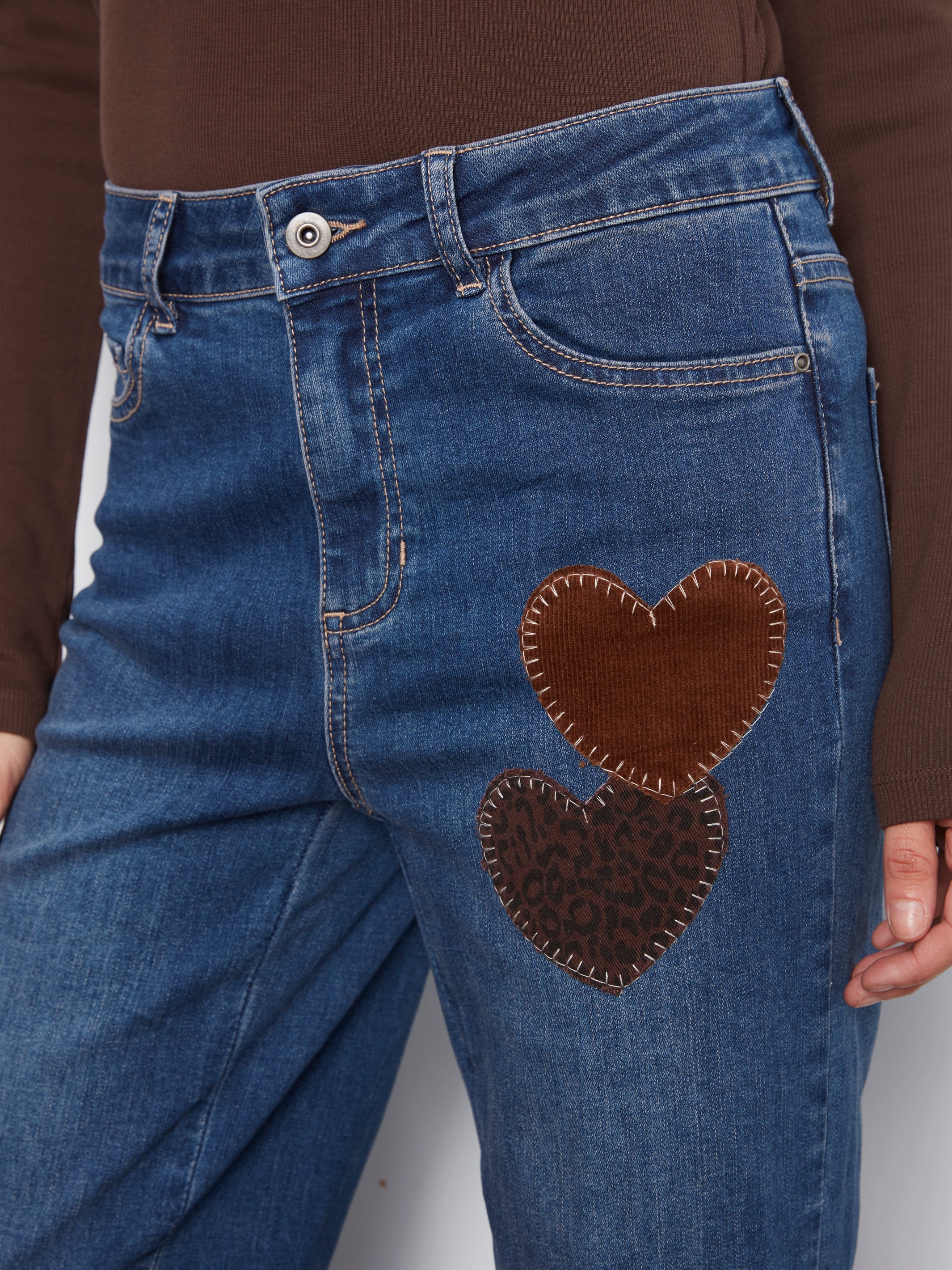 Straight Leg Jeans with Corduroy Heart Patches