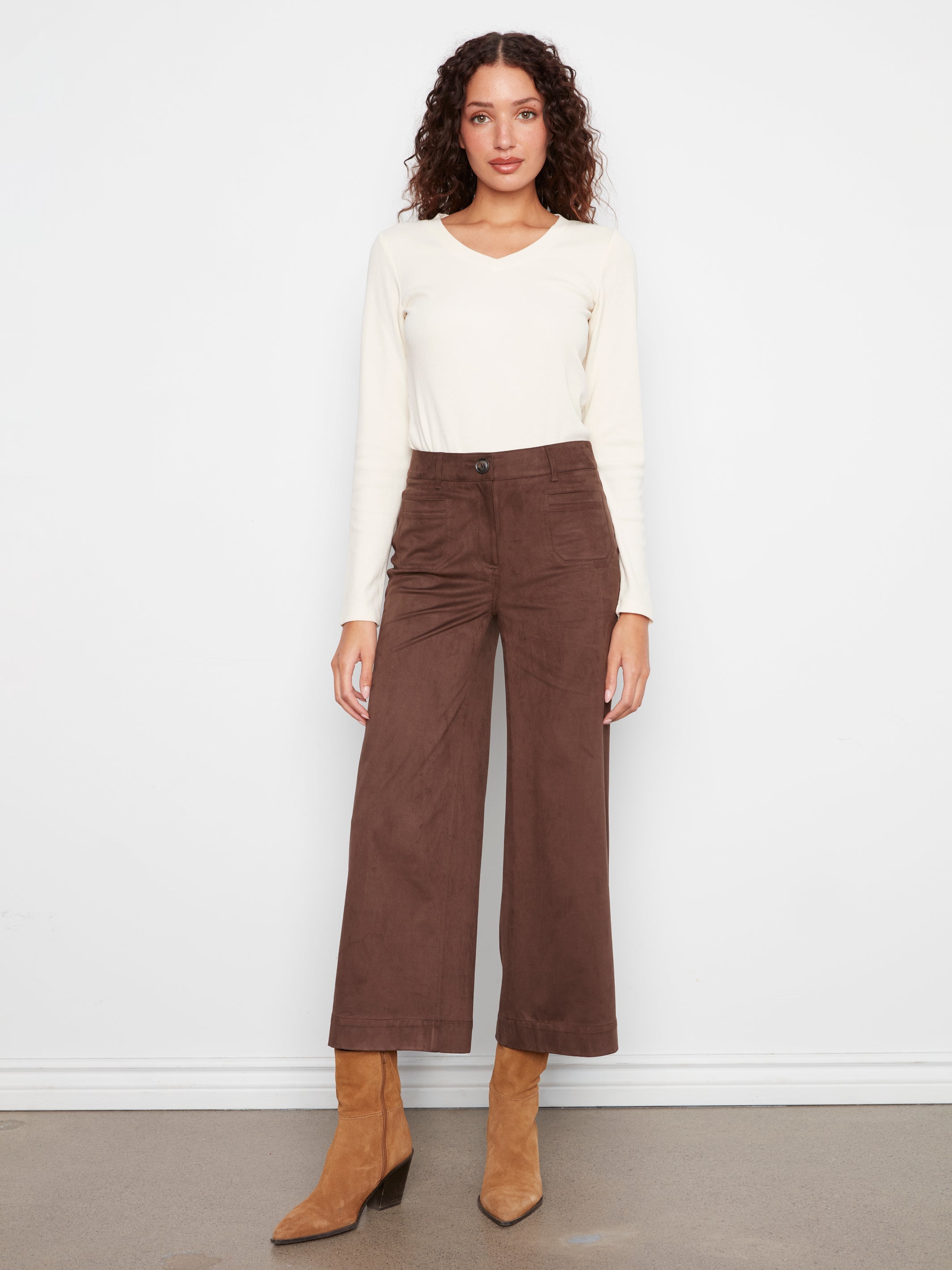 Faux Suede Cropped Wide Leg Pants