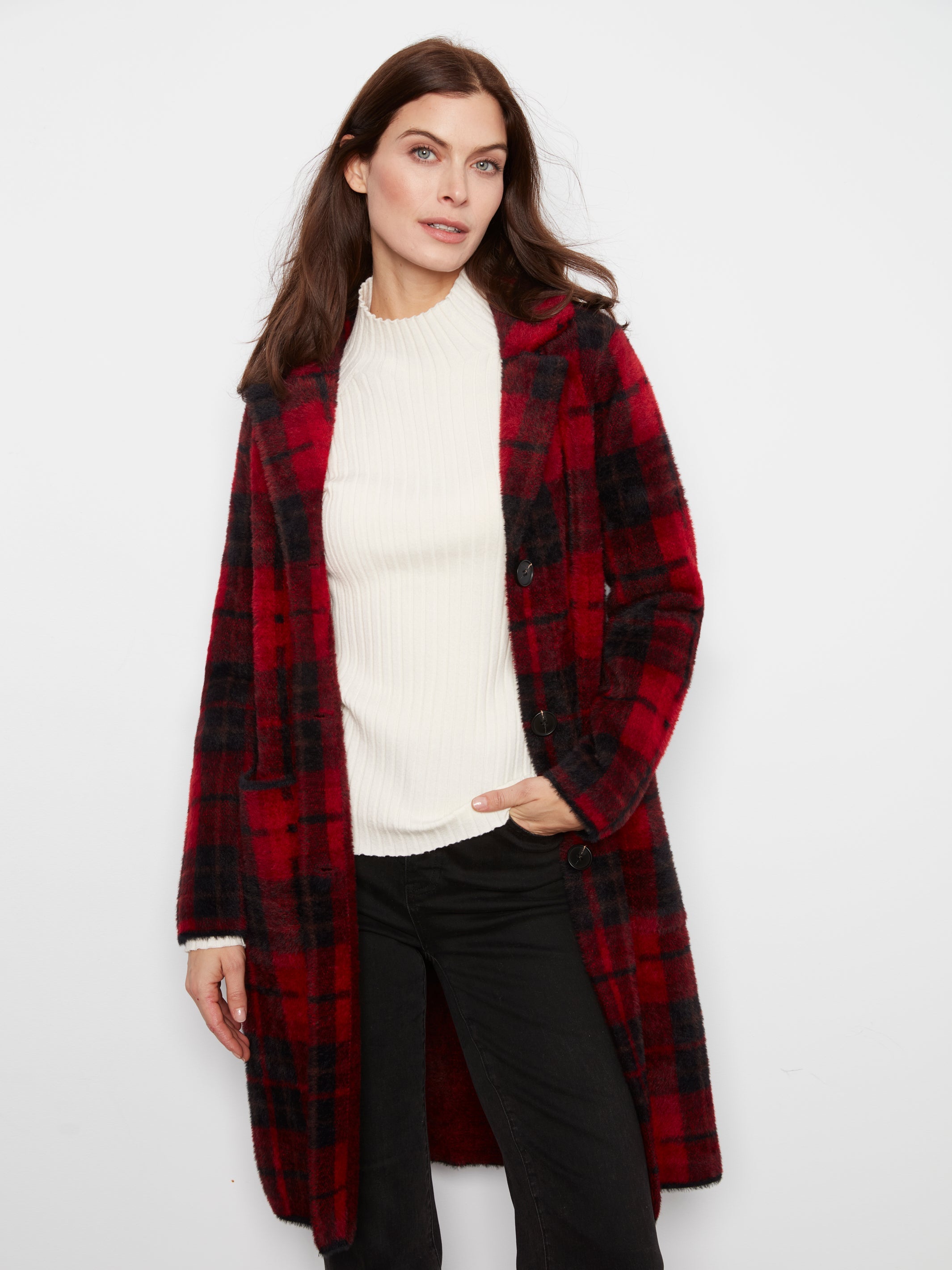 Long Plaid Knit Coatigan