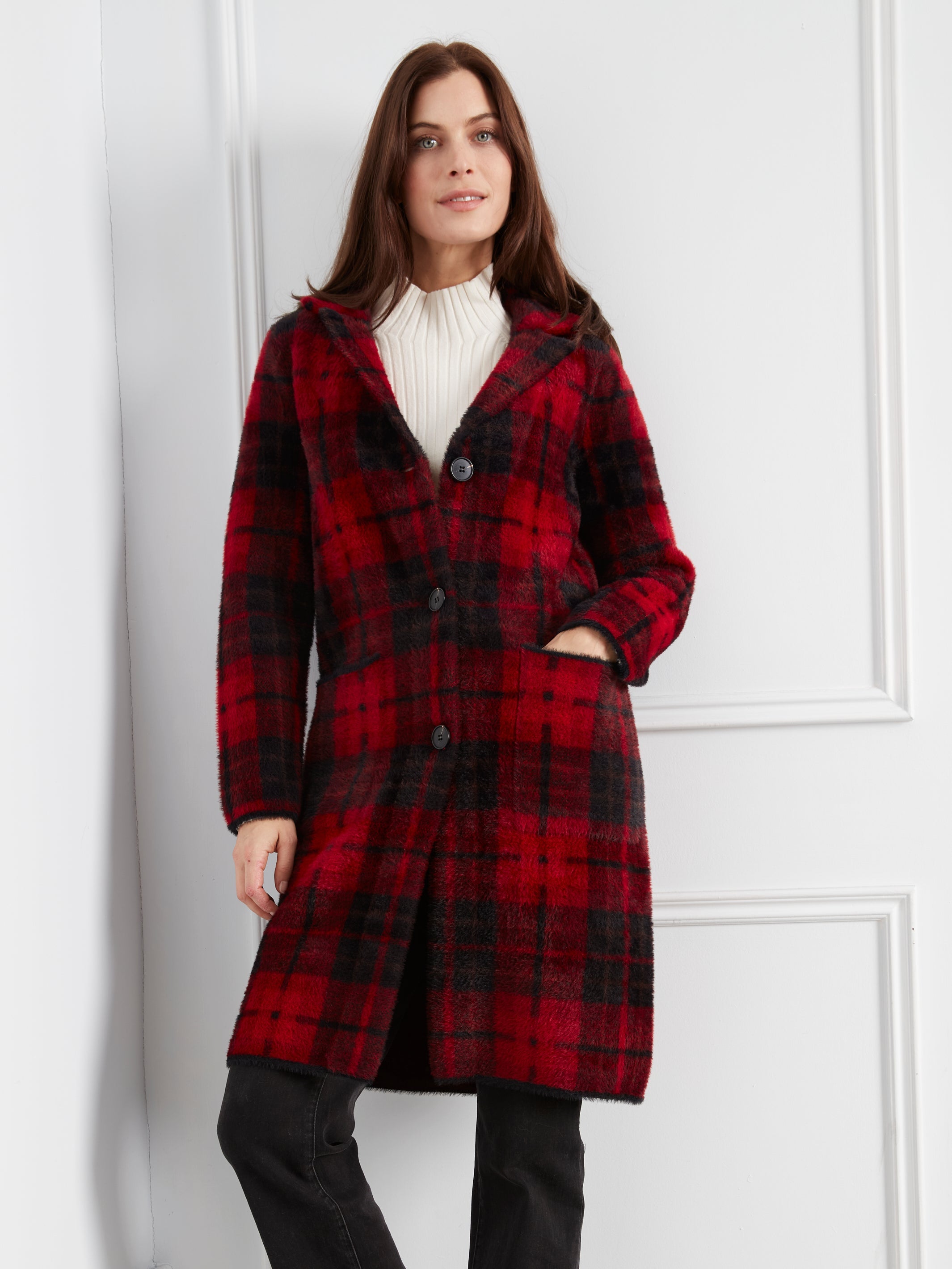 Charlie B Long Plaid Knit Coatigan - Style C6326RR-950BC