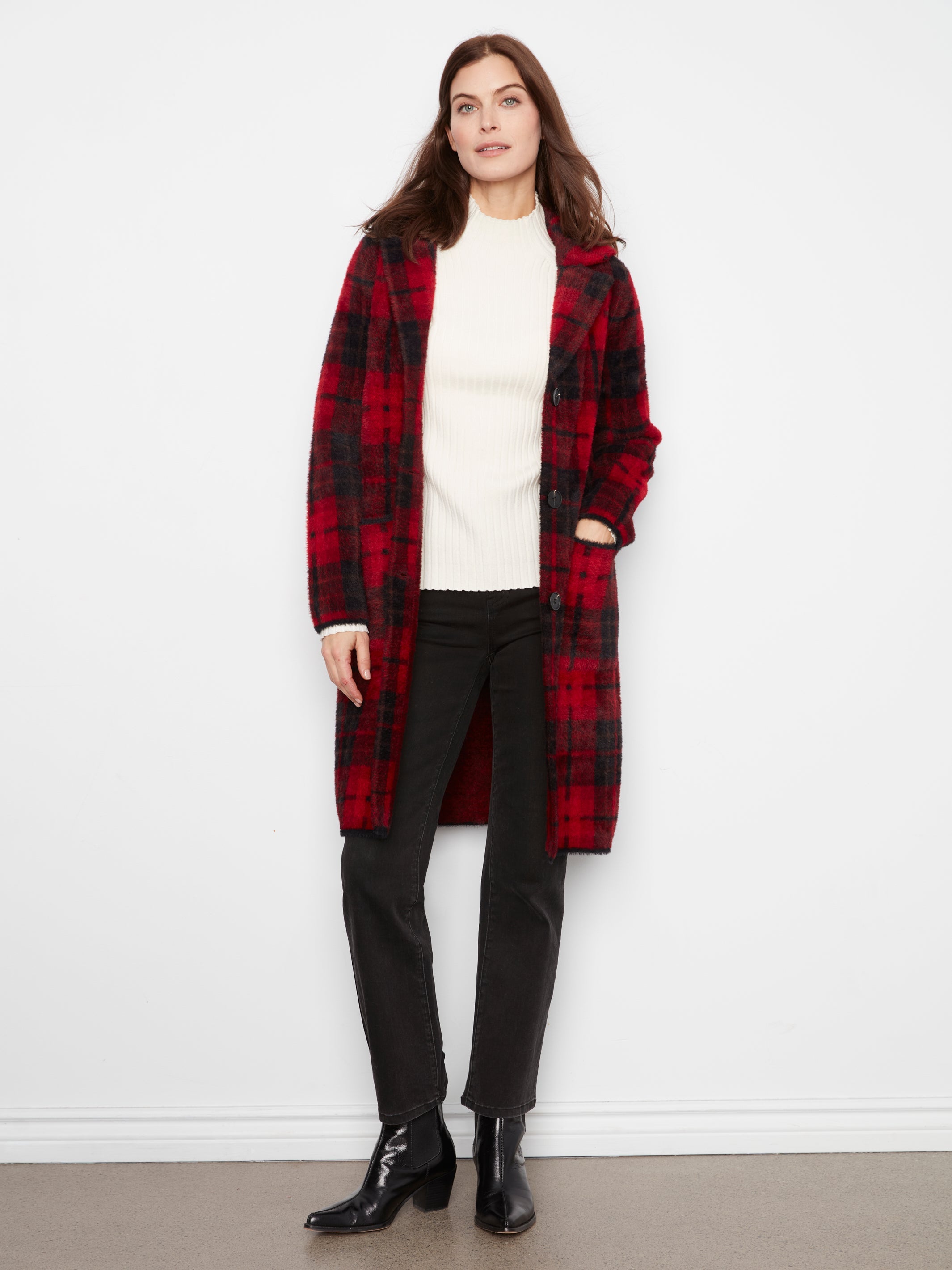 Charlie B Long Plaid Knit Coatigan - Style C6326RR-950BC