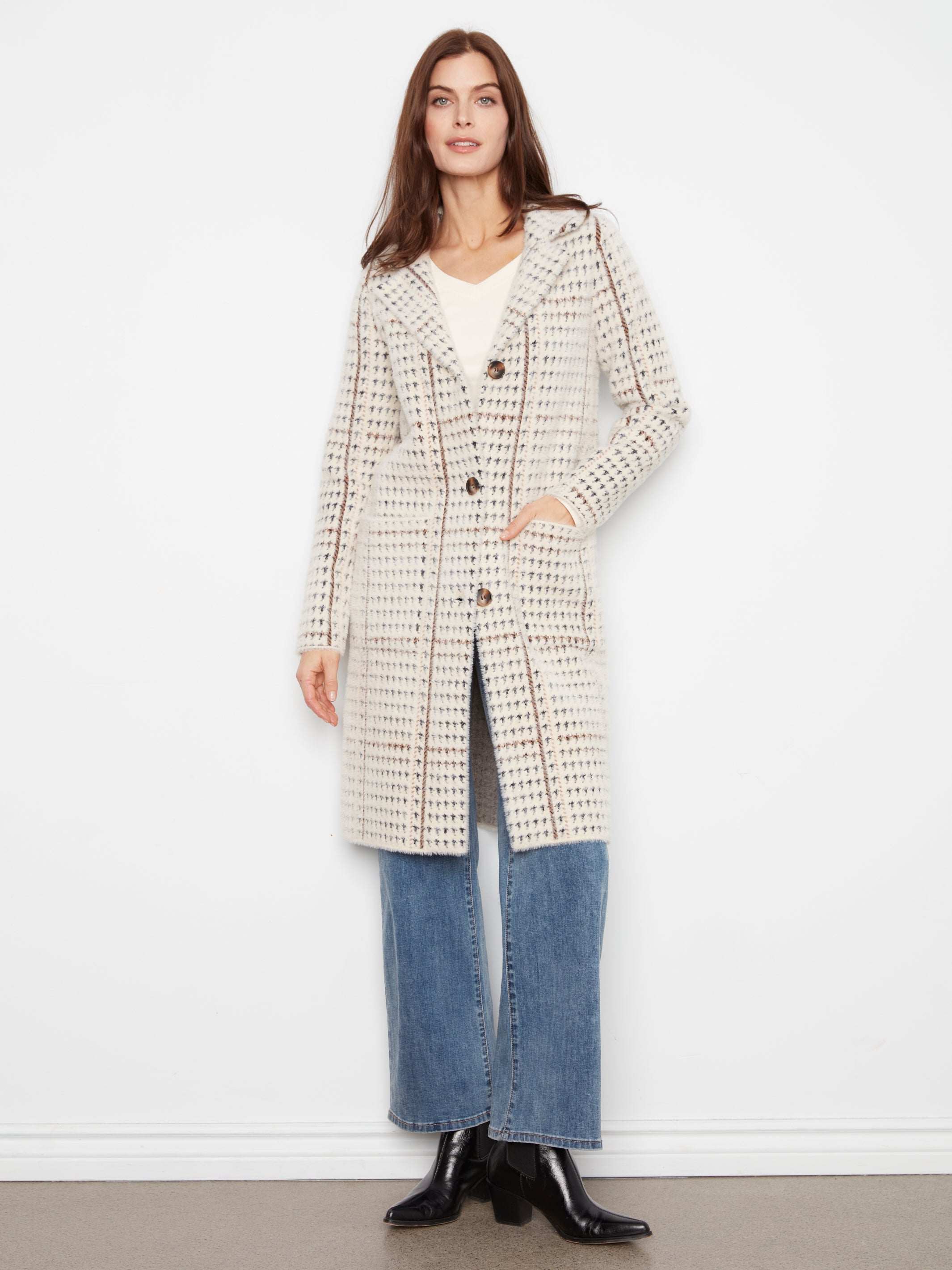 Charlie B Long Plaid Knit Coatigan - Style C6326RR-950B