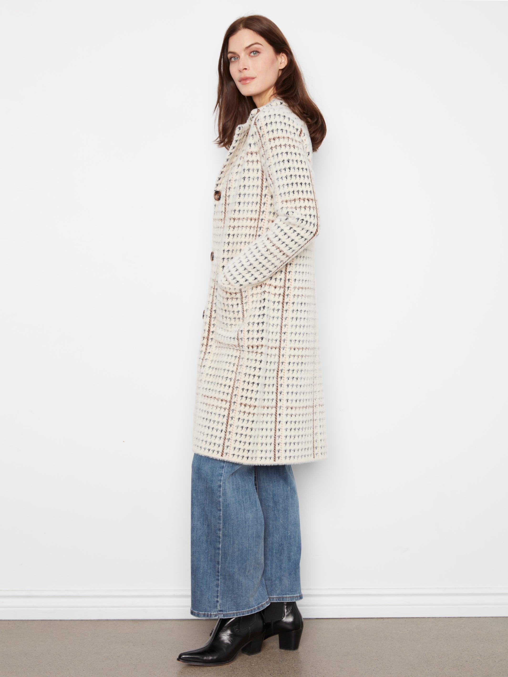 Long Plaid Knit Coatigan