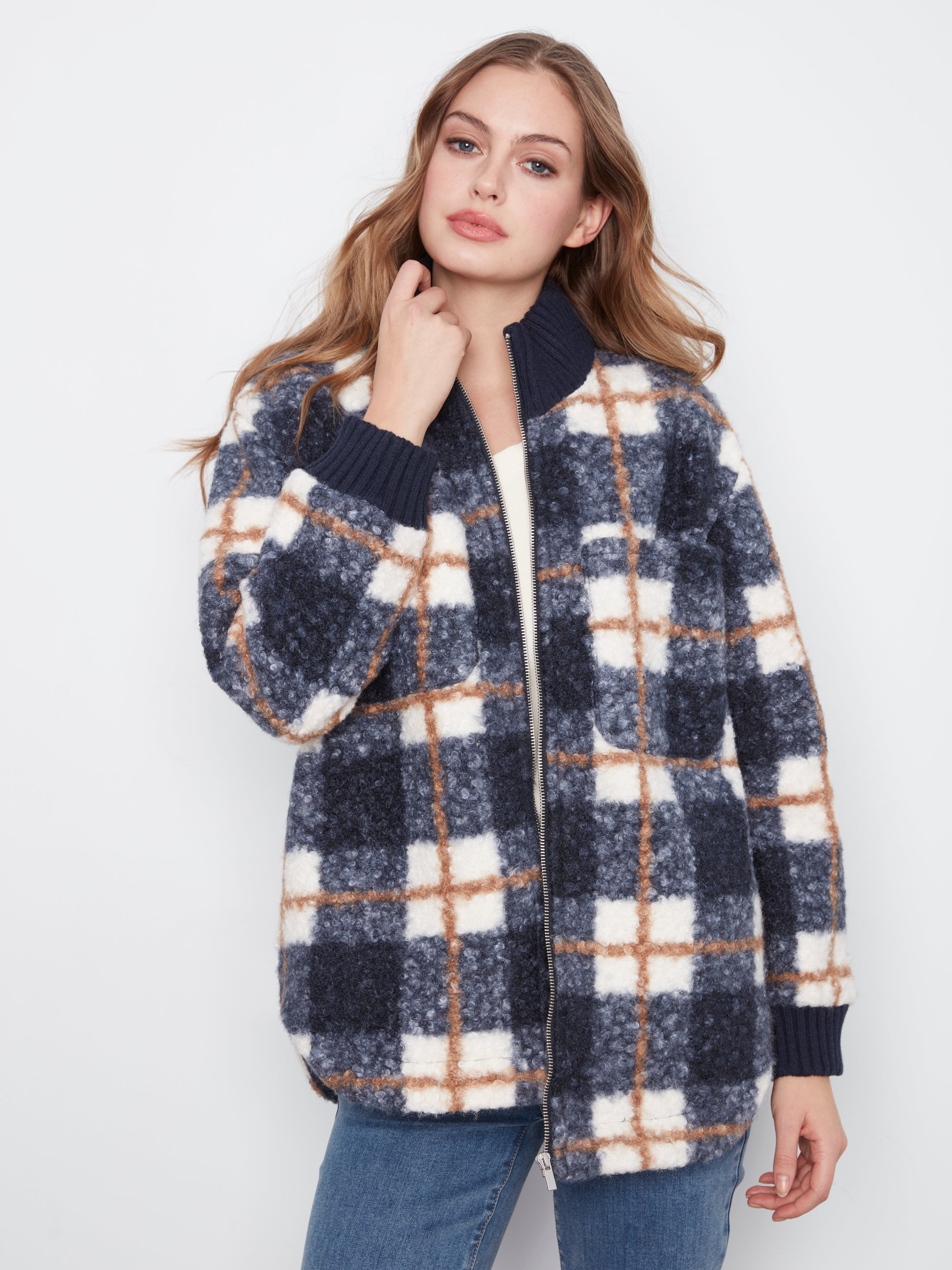 Charlie B Plaid Bouclé Zip Up Jacket - Style C6437P-707A